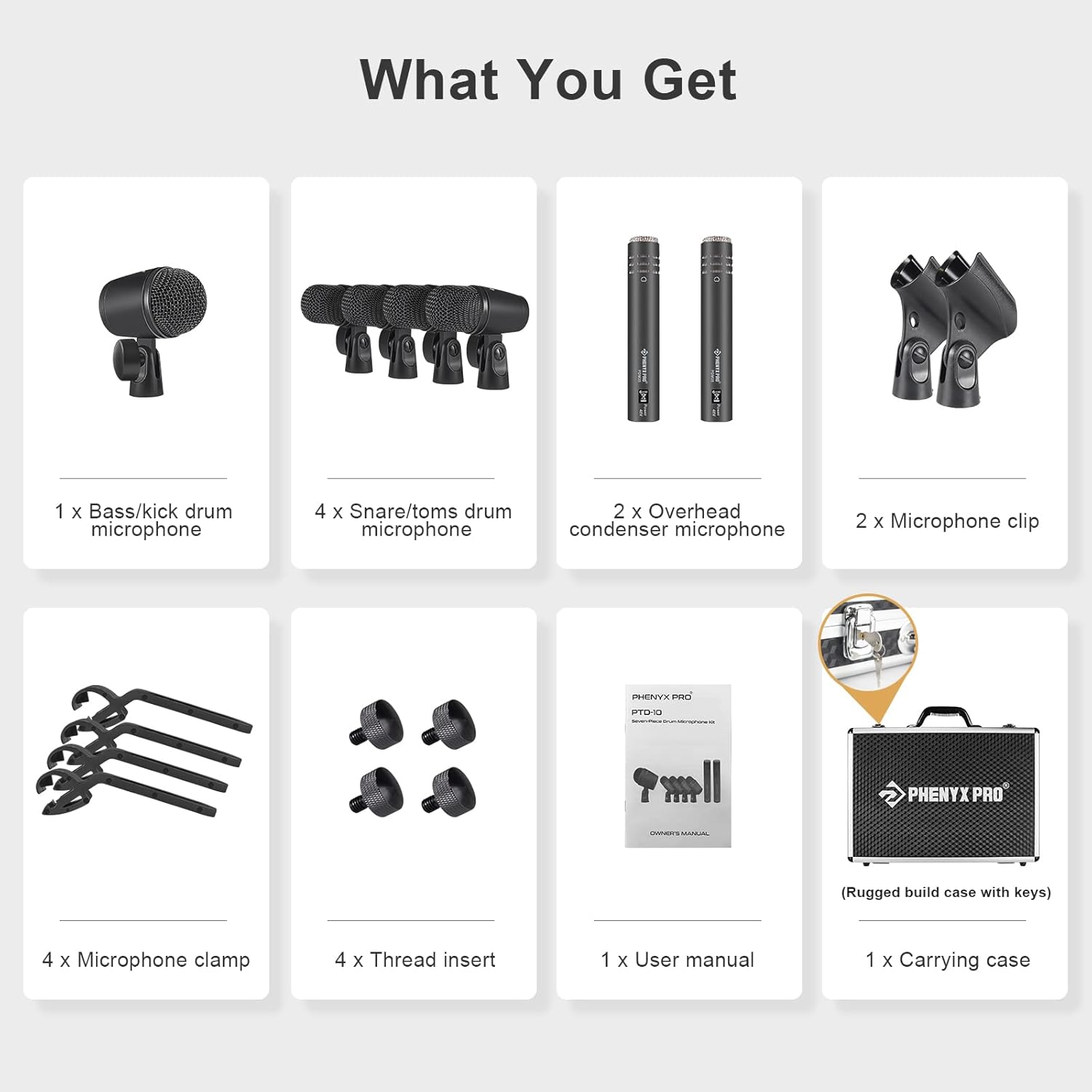 Phenyx Pro Drum Microphone Kit, 7-Piece Full Metal Wired Dynamic Mic Set for Bass/Tom/Snare/Hi-hat Cymbals, with Carrying Case, Holders, and Threaded Clips (PTD-10)