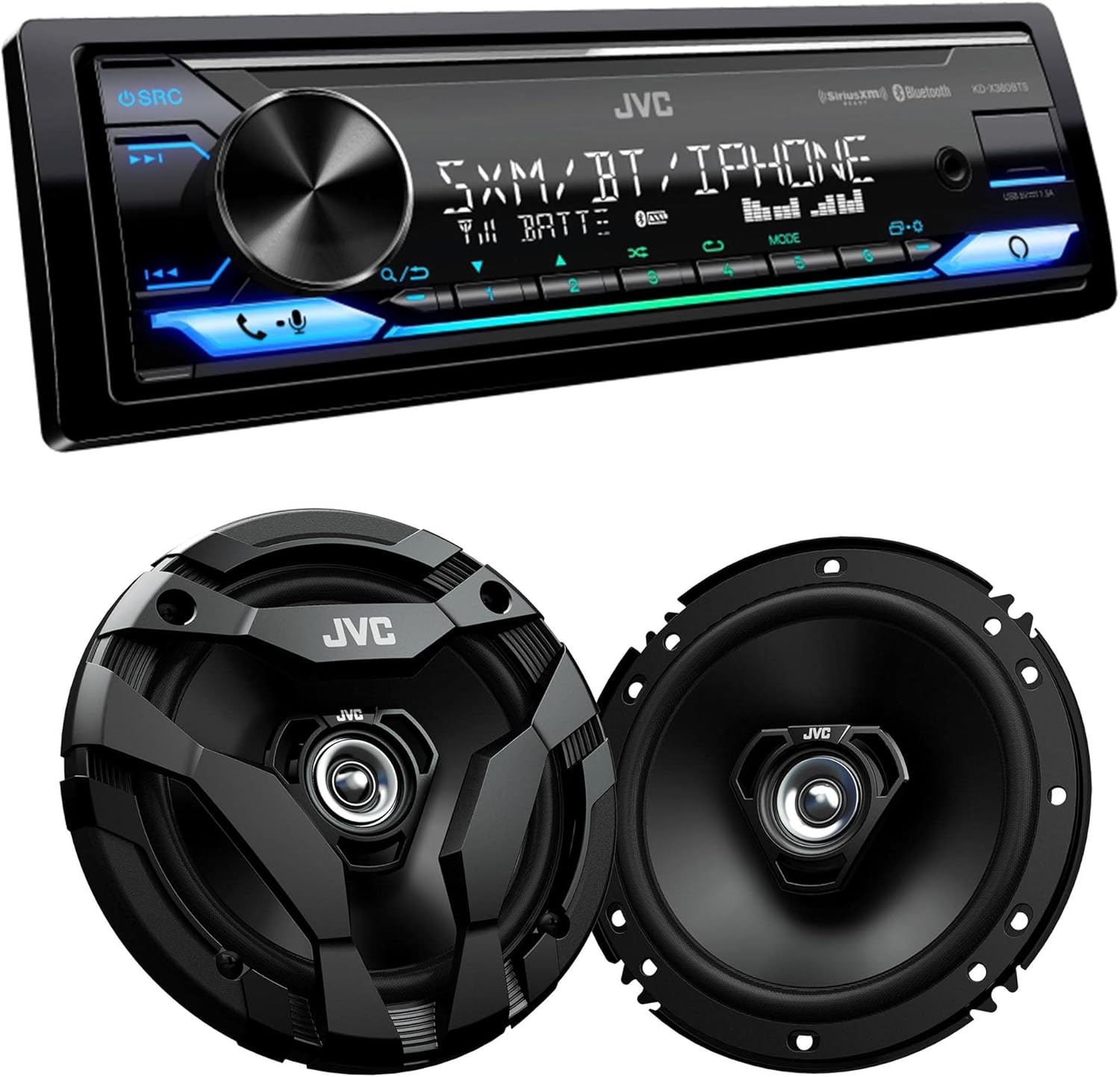 JVC KD-X380BTS Digital Media Receiver Featuring Bluetooth® / USB/SiriusXM/Amazon Alexa / 13-Band EQ/Variable-Color Illumination/JVC Remote App Compatibility with 1 Pair JVC CS-DF620 6.5