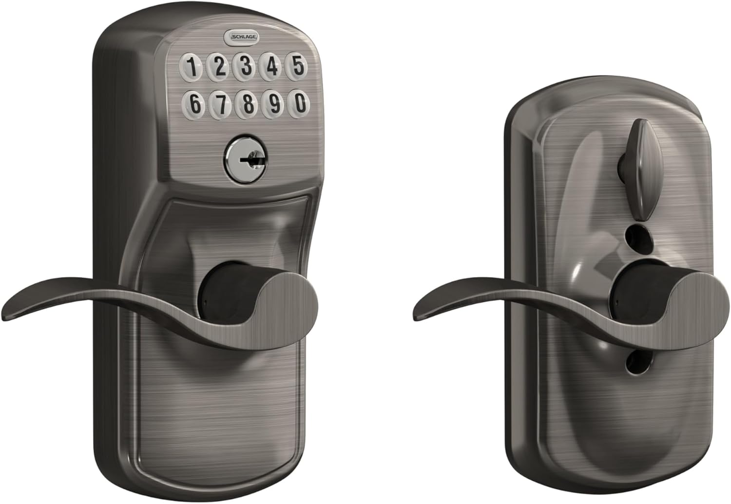 Schlage Plymouth Keypad Entry with Flex-Lock and Accent LeverKnob, Antique Pewter, FE595 PLY 620 Acc