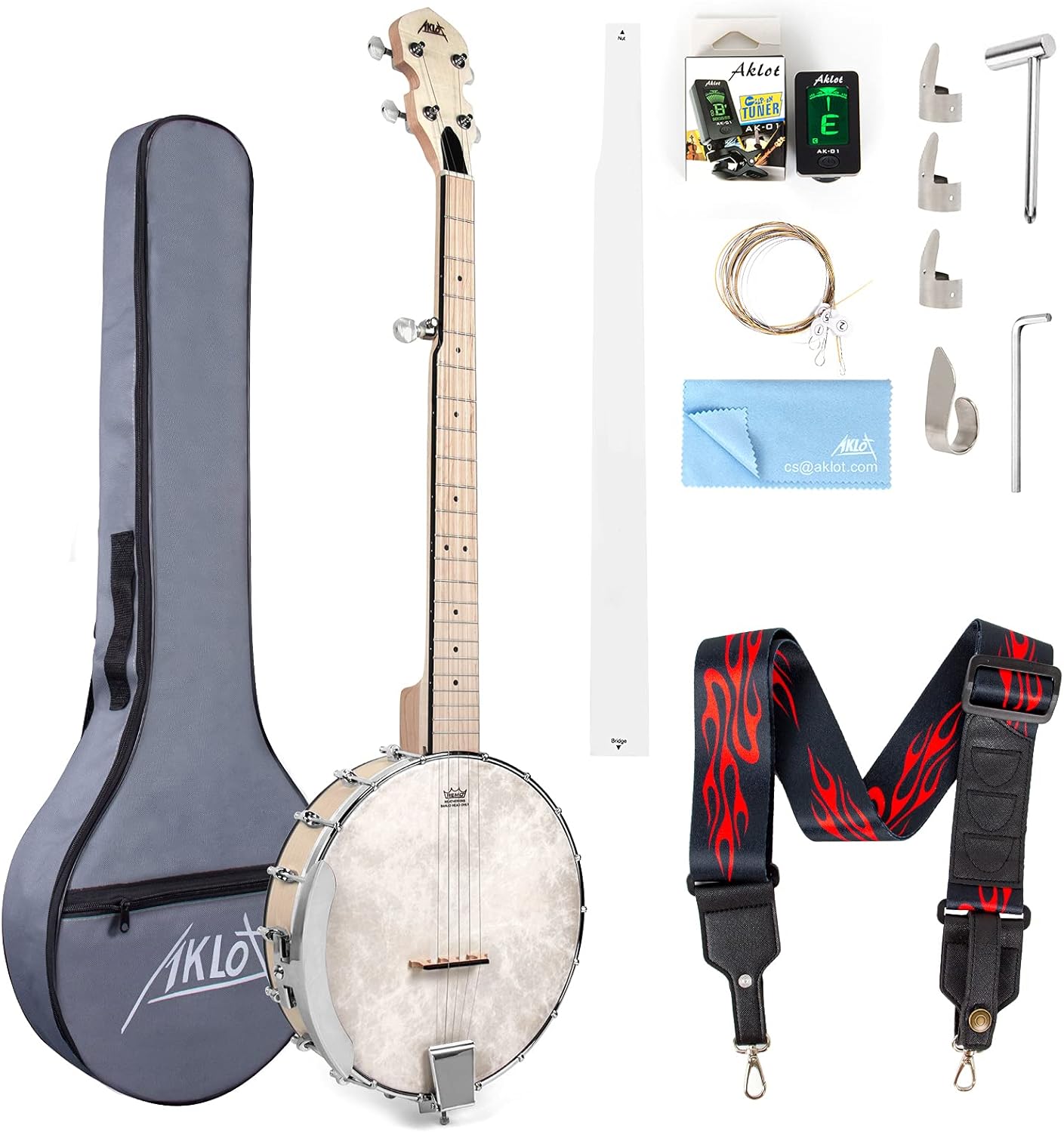 AKLOT 5 String Banjos Full Size Open Back Banjo Adjustable Maple Body Remo Head with 2 Tuning Wrench, 4 Picks, Strings, Tuner, Strap Ruler, Cleaning Cloth, Gig Bag for New Beginner Professional