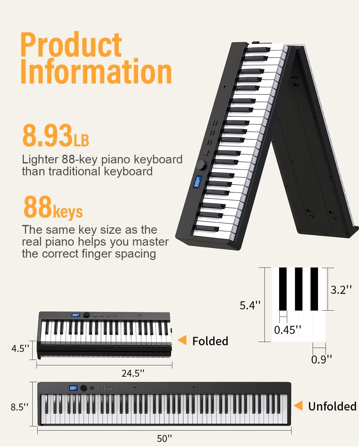KONIX Folding Piano Keyboard, 88 Key Full Size Semi Weighted Foldable Keyboard, Portable Electric Piano with Light Up Key, Sustain Pedal, Piano Sticker, Sheet Music Stand and Piano Bag, Black