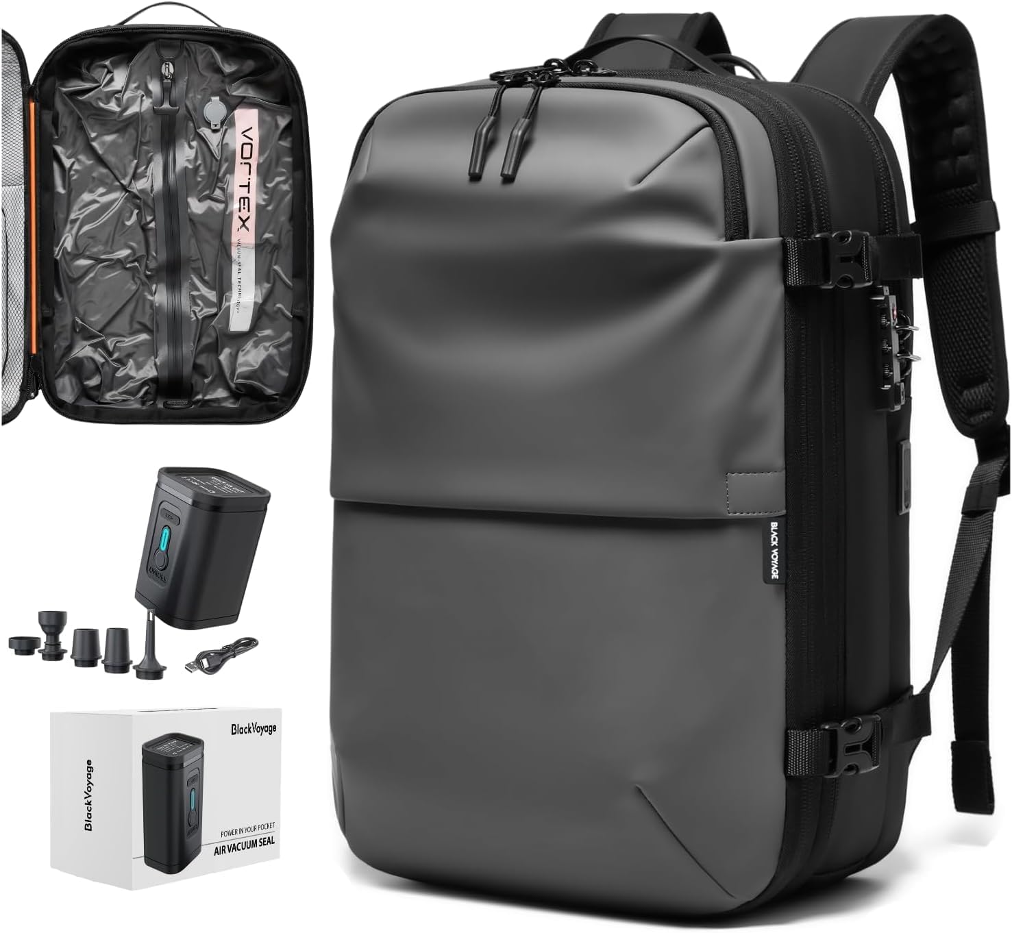 BlackVoyage Vortex Vacuum Seal Travel Backpack 60L Expandable Air Compression System Water Resistant TSA Lock Carry-On Suitcase Luggage Gray AERO - Vacuum Pump Included