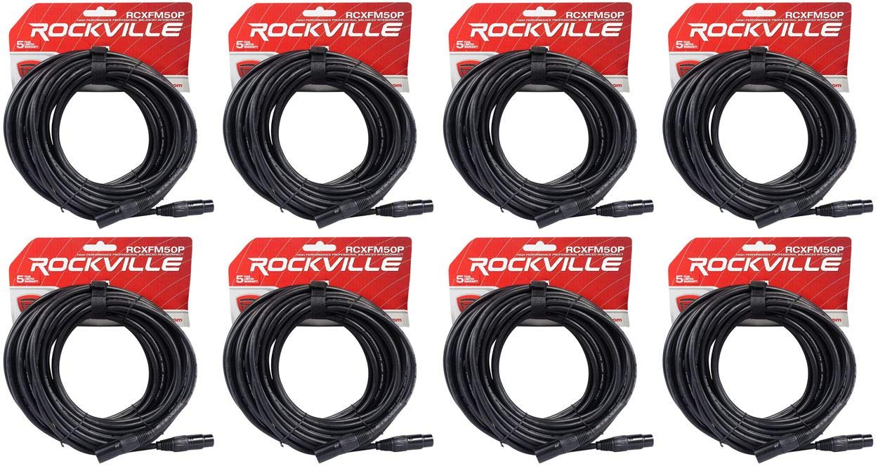 Rockville RCXFM50P-B 50-Foot Black Female-to-Male REAN XLR Microphone Cables, 100% OFC Copper Conductors, Hi-Density OFC Braided Shield for EMI/RFI Protection, Nickel-Plated Connectors, 8-Piece