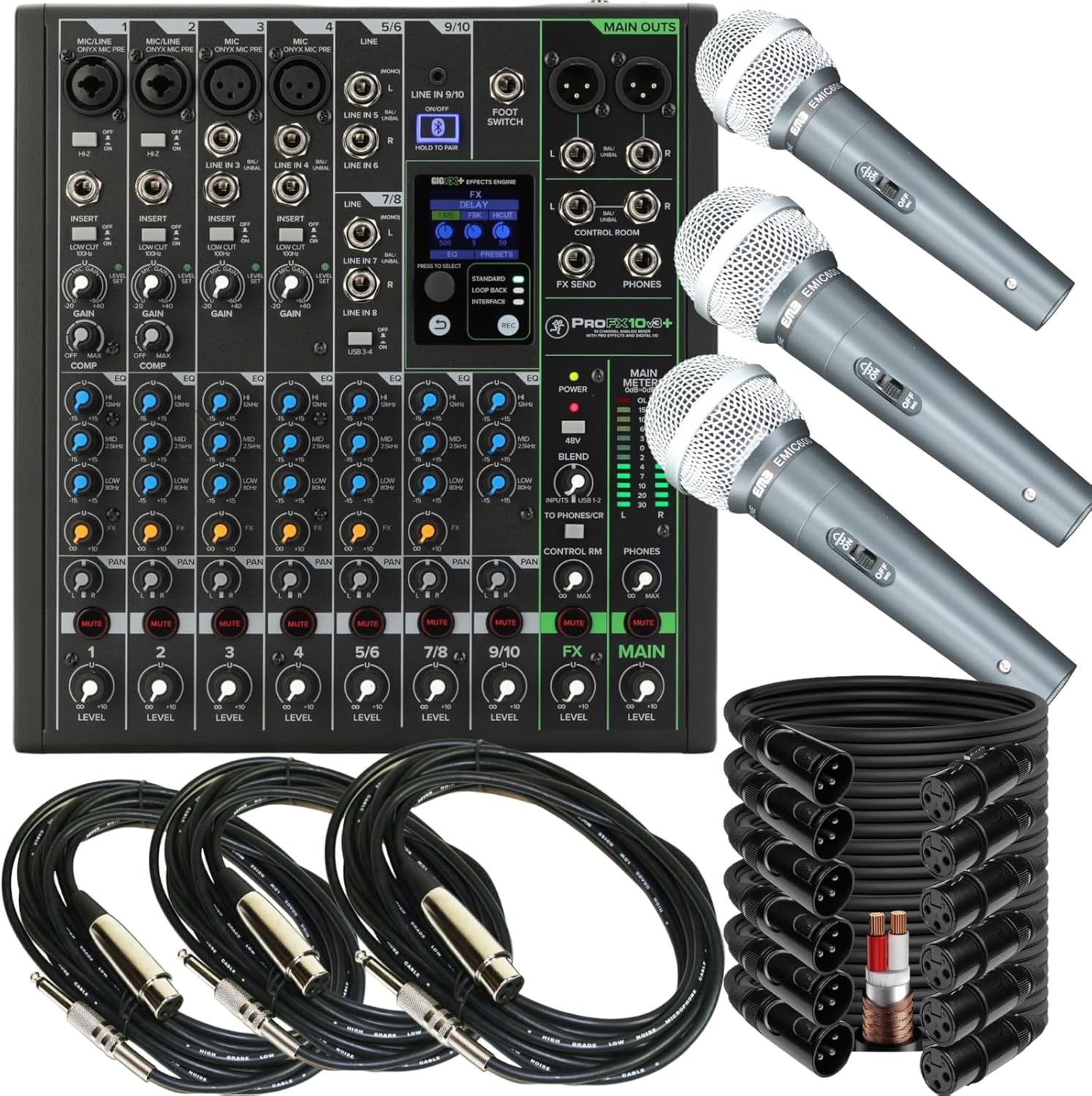 Mackie ProFX10v3+ 10-Channel Unpowered Mixer w/USB Bluetooth & Effects, 3 EMB Mics, 6 EMB 15-foot XLR Cables, and 3 10-foot 1/4