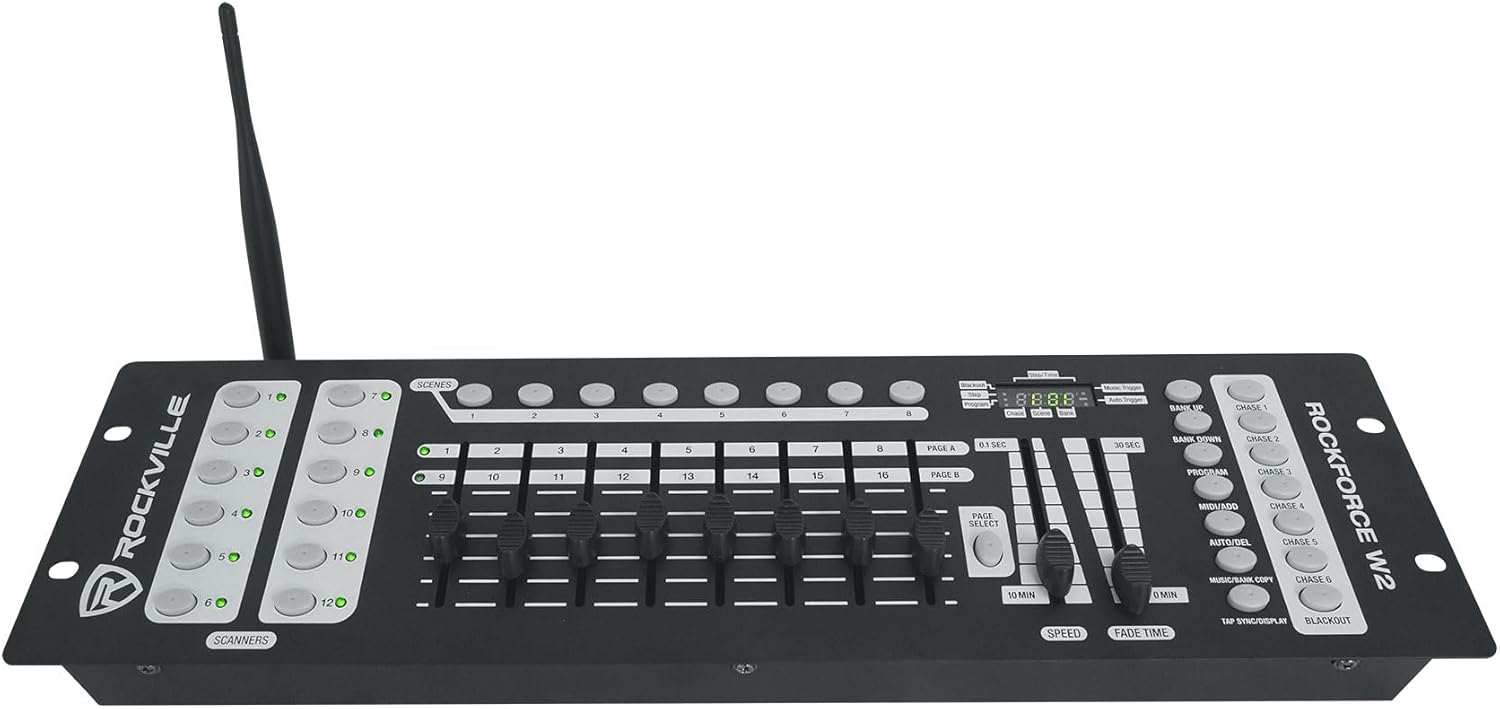 Rockville Best PAR H2O Bundle: (4) IPX54 Water Resistant RGBWA+UV Indoor/Outdoor Battery Par Lights, (2) RLB40 Padded Bags, ROCKFORCE W2 192-Channel Wireless DMX Lighting Controller, 7-Items