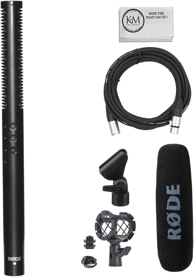 Rode NTG4 Shotgun Microphone w/Digital Switches Bundled with Universal Shockmount + XLR Microphone Cable + Cleaning Cloth (4 Items)