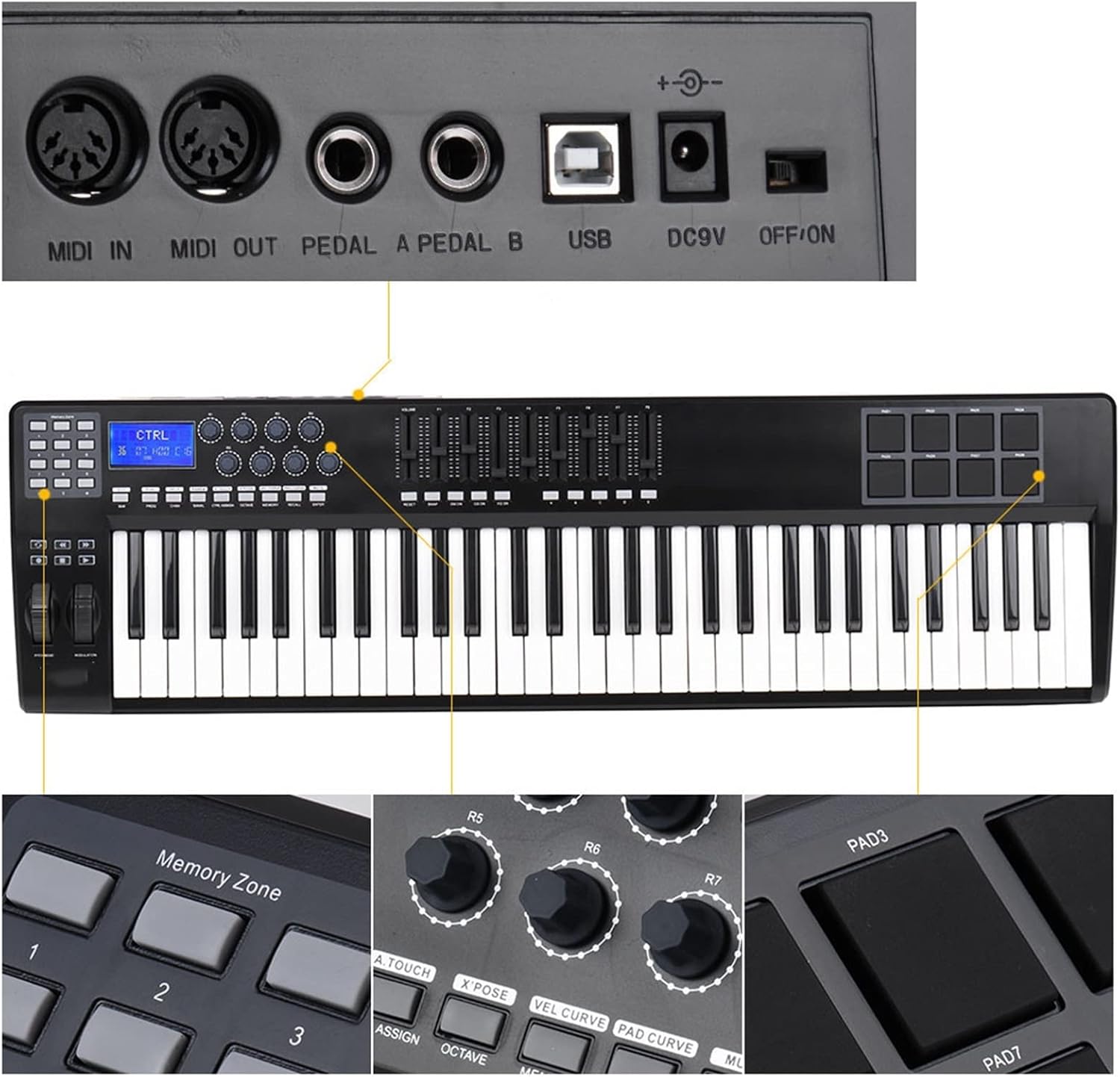 KESHUO Electric Keyboard Portable 61-Key USB MIDI Keyboard Controller 8 RGB Colorful Backlit Trigger Pads Piano Midi Controller