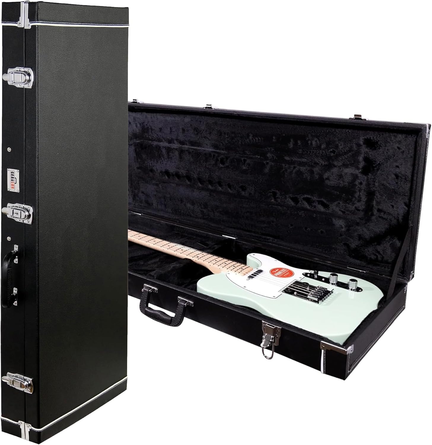 Gearlux Electric Guitar Hard Case for Fender Stratocaster/Telecaster and Standard-Size Guitars with Exterior Lock and Key, Interior Accessory Compartment, and Plush Interior Padding - Black