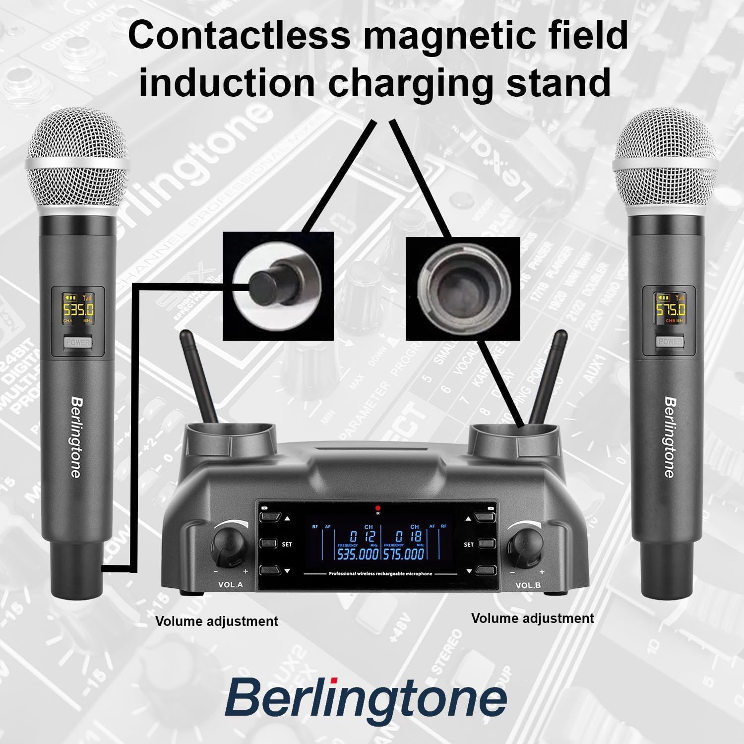 Berlingtone) Professional Dual Dynamic Handheld UHF Wireless Microphone System, Magnetic Wireless Charging, 200 Adjustable Frequency Channels for Karaoke, Meeting, Church, up 200ft Range, BR-60UM