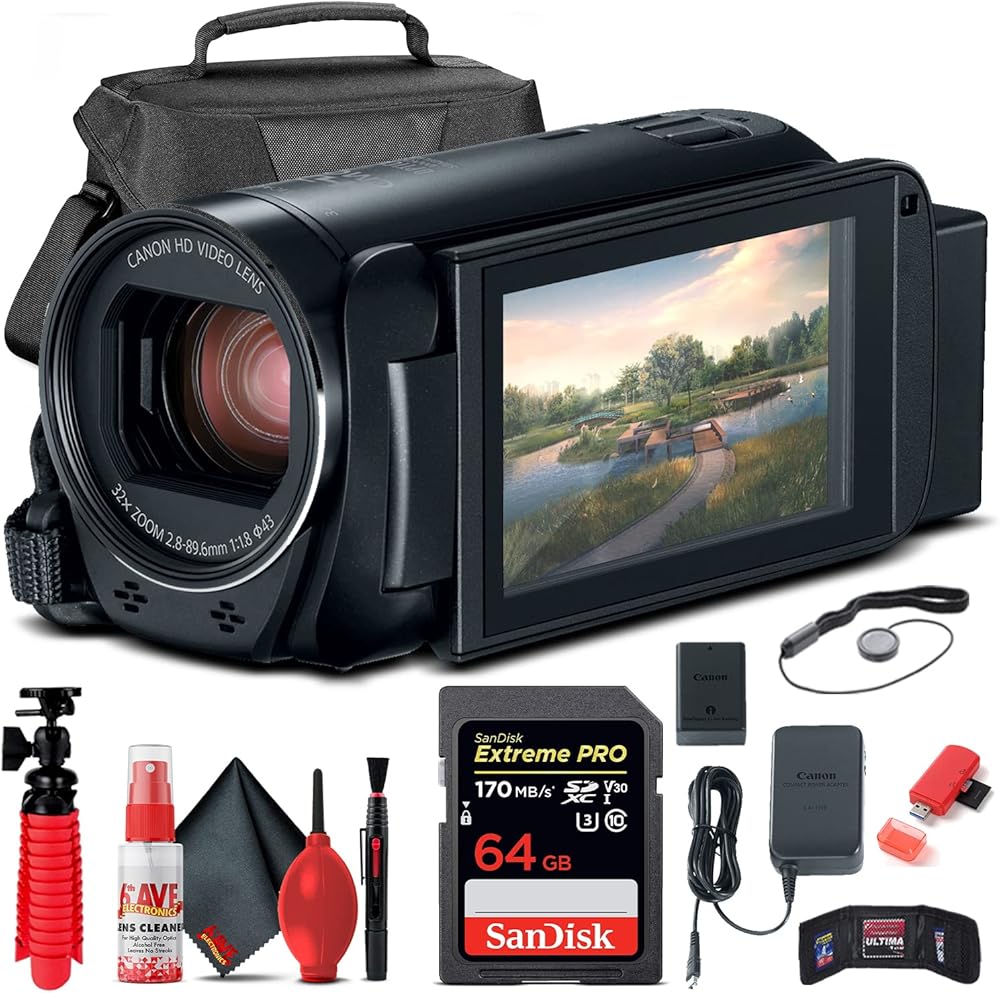 Canon VIXIA HF R800 Camcorder (Black) (1960C002) + 64GB Memory Card + Case + Card Reader + Flex Tripod + Cap Keeper + Memory Wallet + Cleaning Kit (Renewed)