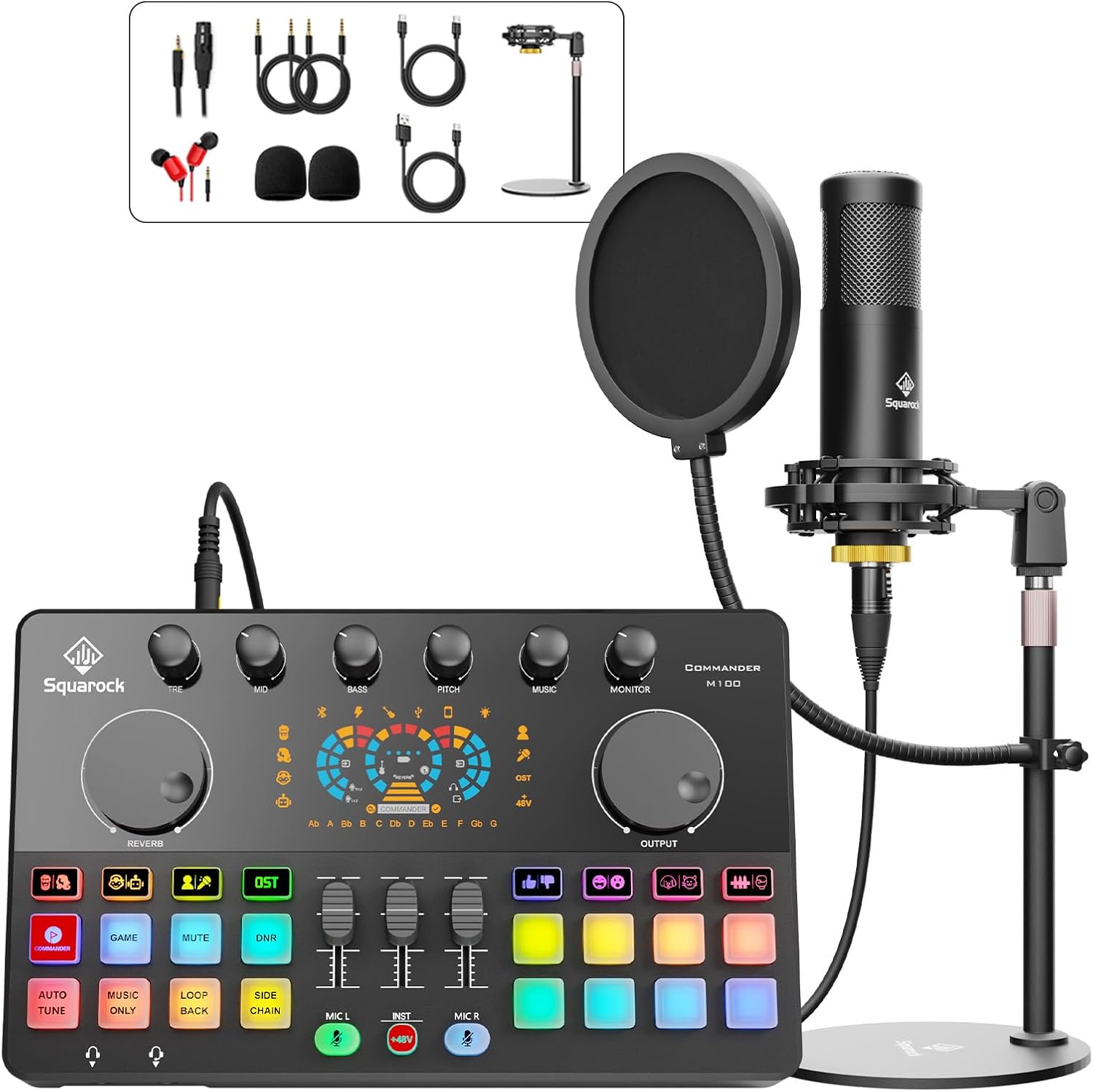 Podcast Equipment Bundle All-in-One with Dual XLR-3.5 Condenser Micophone with Mic Pop Filter Audio Equipment for Live Streaming/ Recording, Online Gaming for Phone/ Laptop/ PC Audio Interface M100