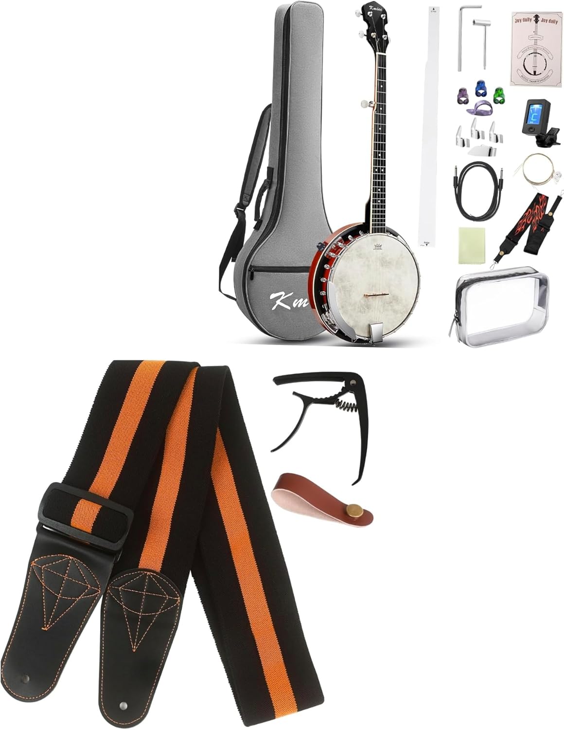 Kmise Banjo, 5 String Electric Acoustic Banjos with Remo Head Full Size 38 Inch and Kmise Stretchy Adjustable Guitar Strap with Guitar Capo and Strap Button