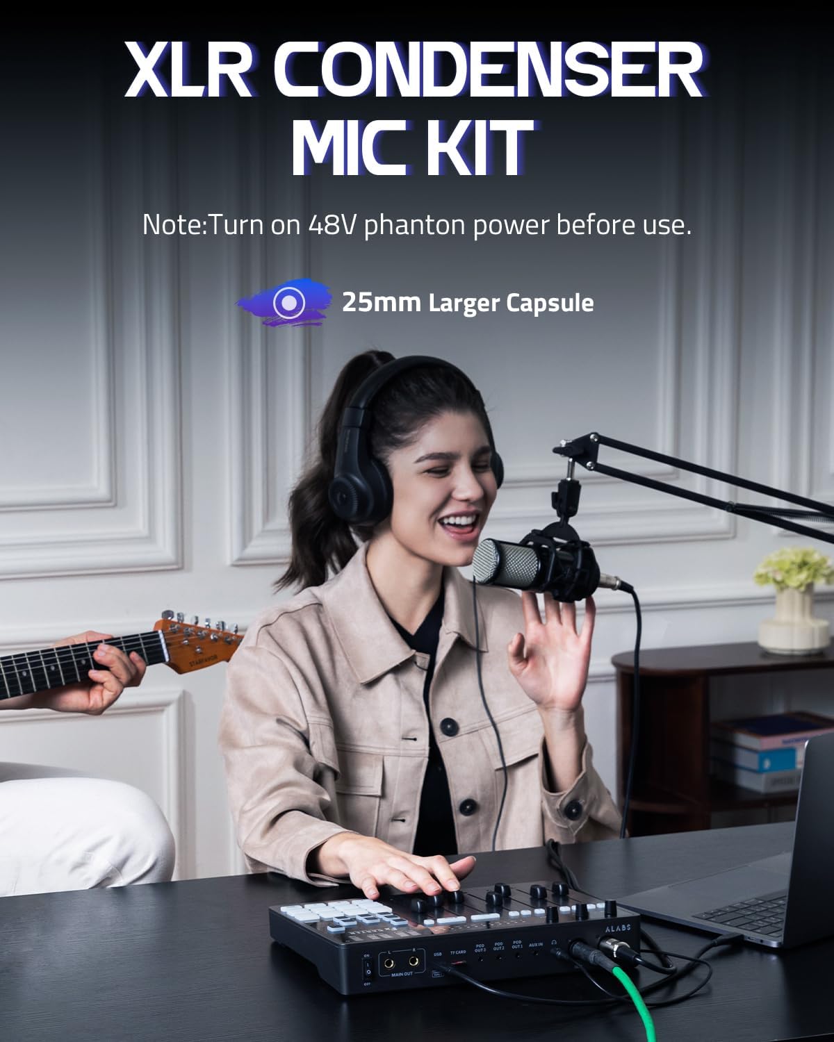 ALABS Fxcaster Podcast Equipment Bundle - All-in-One Podcasting Starter Setup with 7-Channel Soundboard, Audio Interface, and 25mm Diaphragm XLR Microphone for Live Streaming, Recording, and TikTok