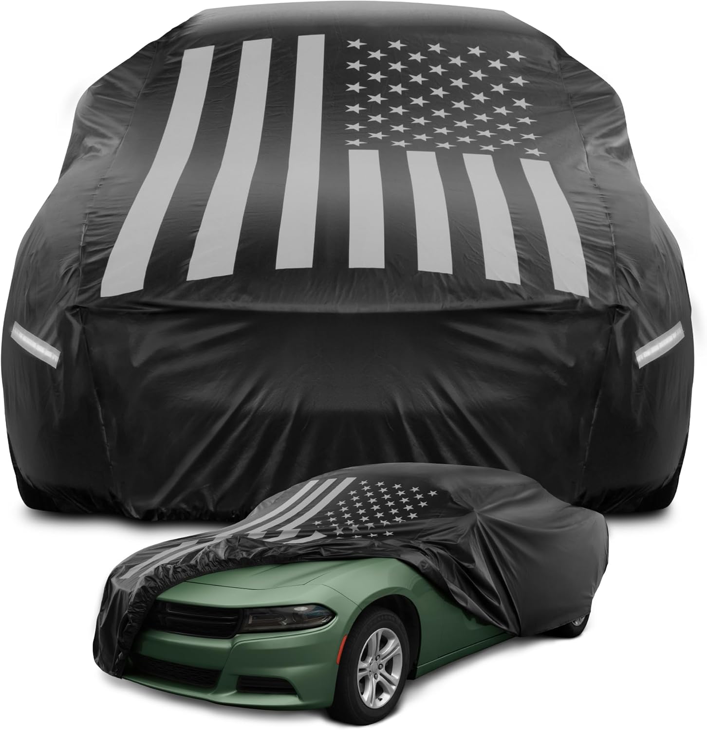 Motor Trend Black USA Flag Waterproof Car Cover - All Weather Outdoor Protection, UV Resistant, Windproof, Scratchproof - Semi-Universal Fit Sedan Full Car Cover for Sun Rain Snow (191”- 210” Length)