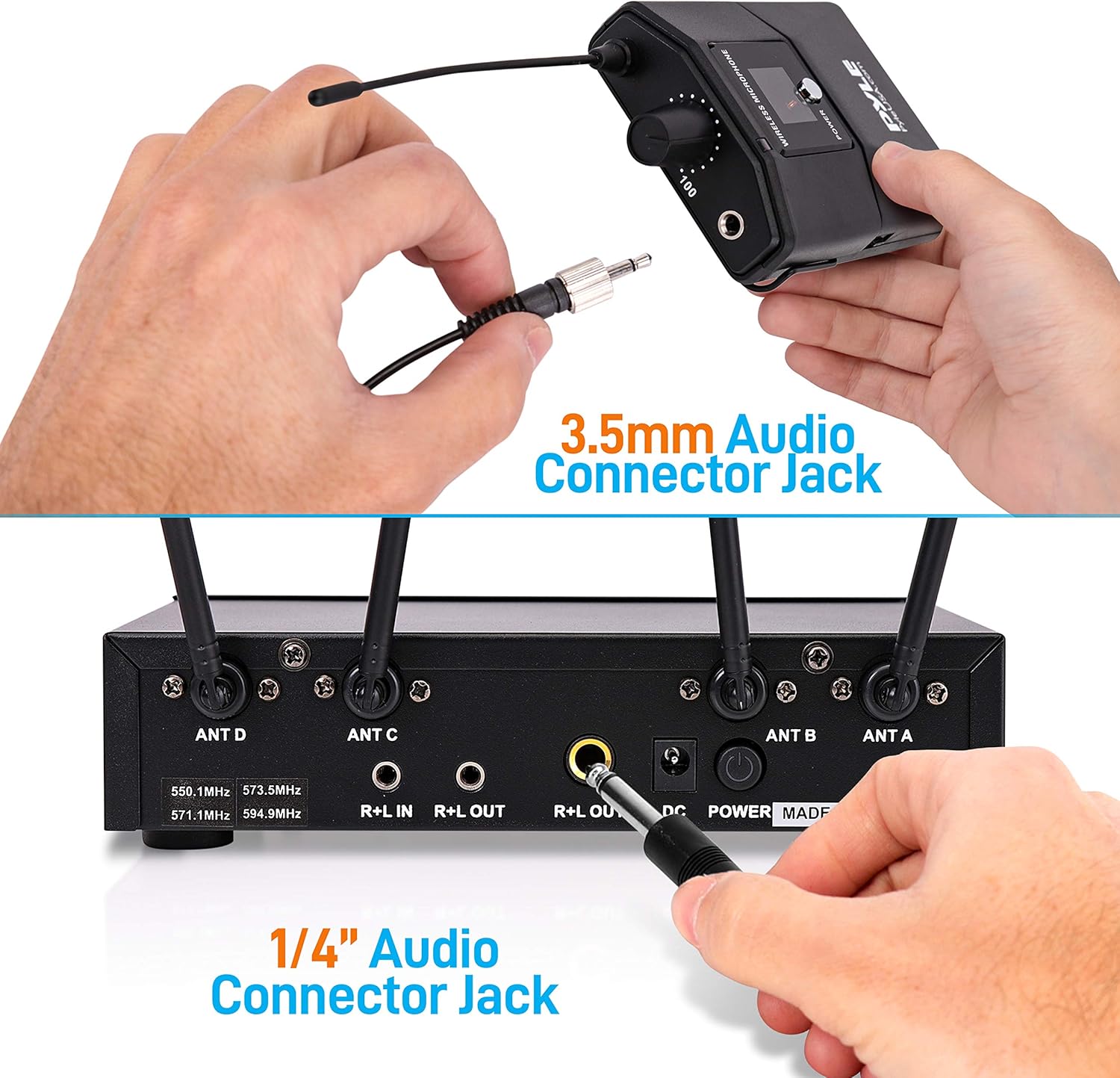 Pyle Portable UHF Wireless Microphone System - Battery Operated Four Bluetooth Cordless Microphone Set with 50 Channels Selectable Frequency, Receiver Base, AUX, for PA Karaoke DJ Party -PDWM4122