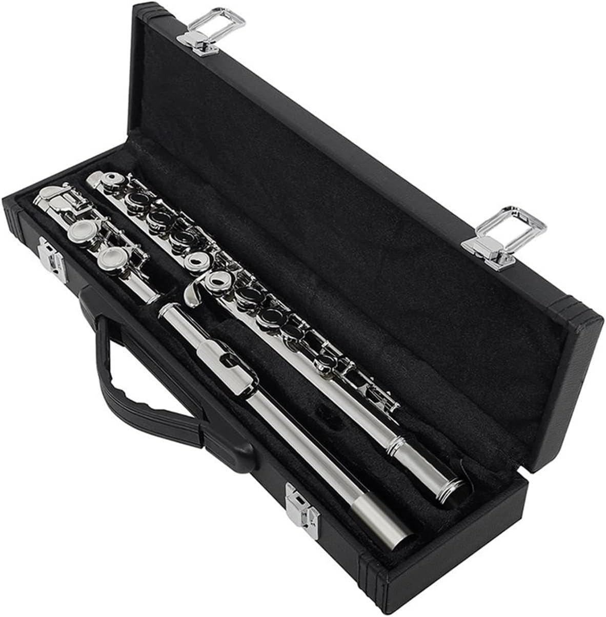 Flute Kit Silver 16 Holes Flute with E Key Woodwind Instrument Closed Hole C Tone Cupronickel Tube with Padded Bag Music Accessories Intermediate Flute