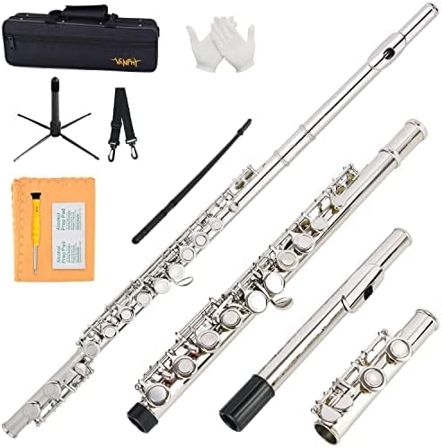 Closed Hole C Flute 16 Keys Nickel-Plated Flutes For Beginners Student Flute Instrument With Case Stand Cleaning Cloth Gloves Tuning Rod (Silver)