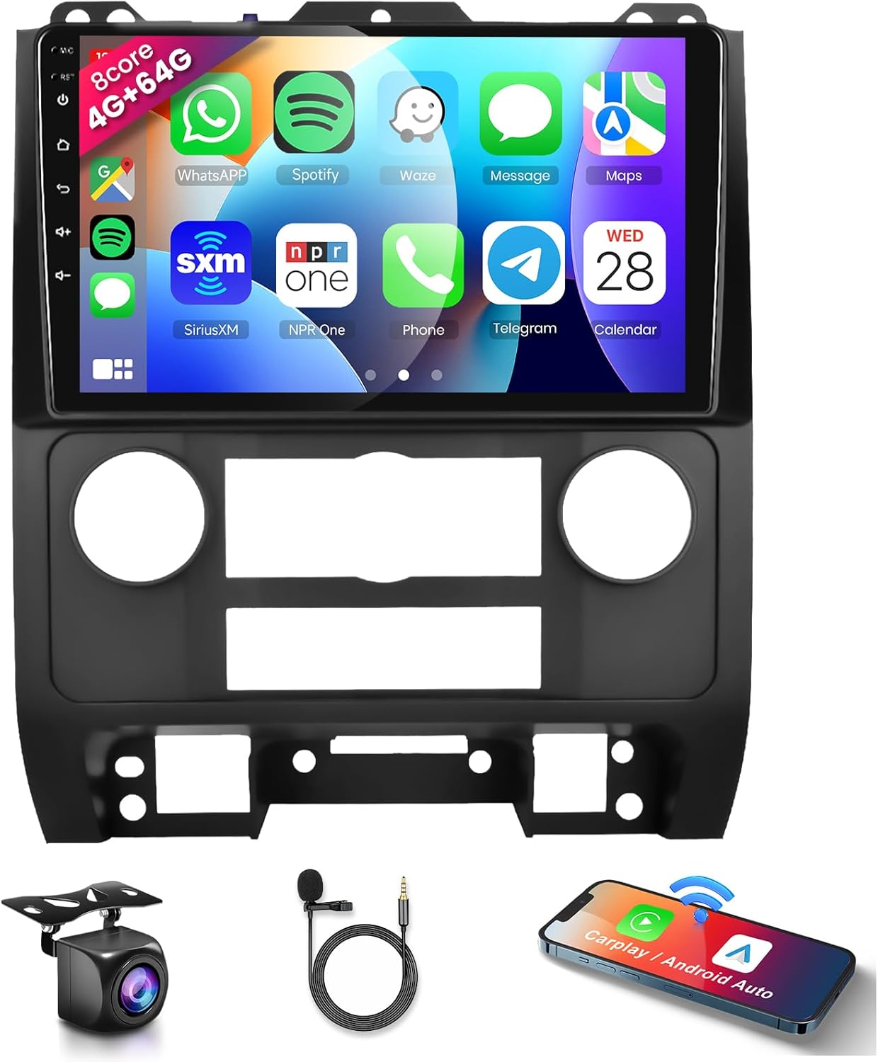 8 CORE 4G+64G Car Radio Stereo for Ford Escape Mazda Tribute 2007-2012 with Wireless CarPlay/Android Auto, 9 Inch 1280 * 720P IPS Touch Screen Android 13 GPS WiFi Bluetooth DSP SWC Camera