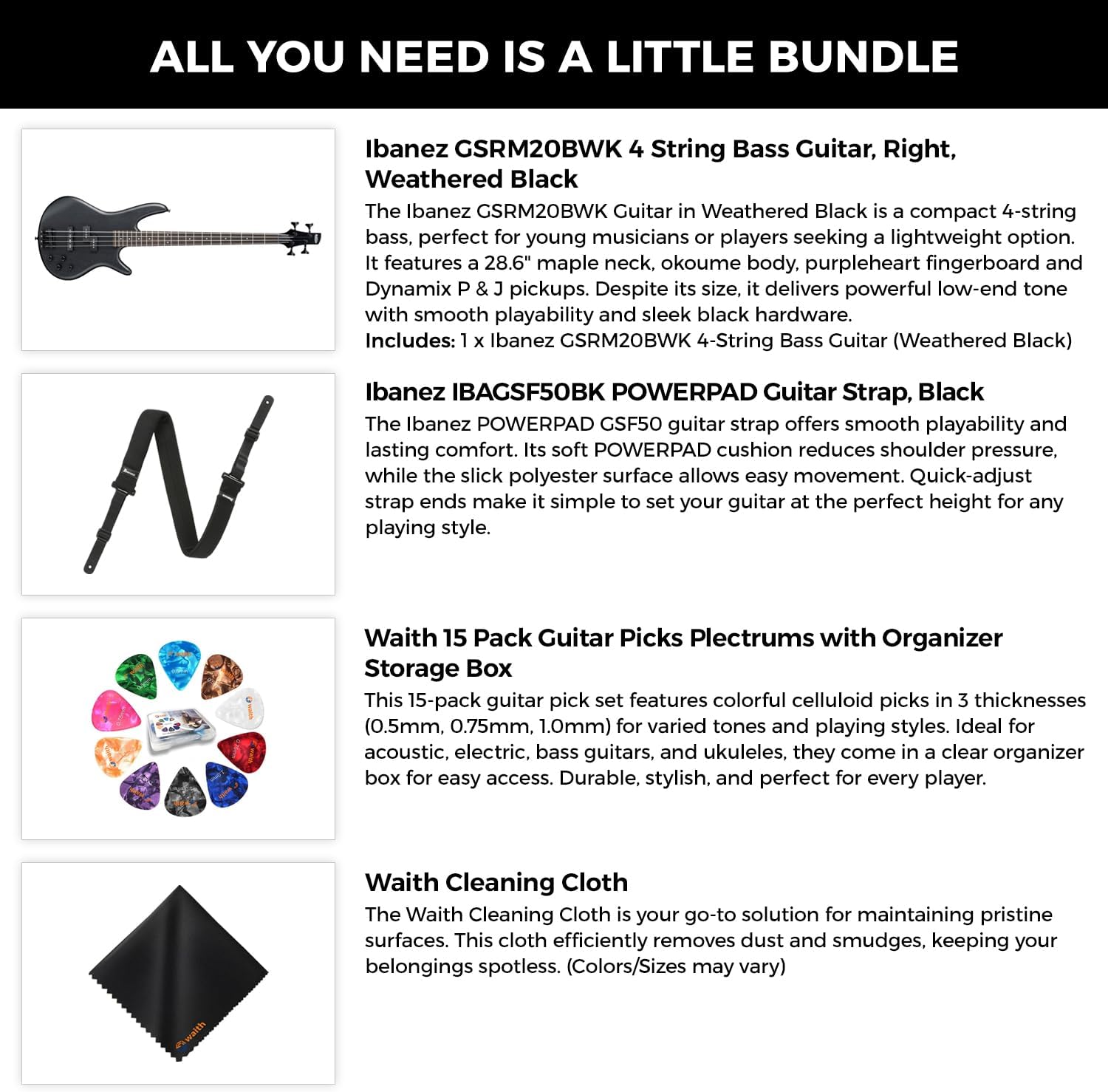 Ibanez GSRM20B 4-String Bass Guitar (Weathered Black) - Right Handed Okoume Body Bass with GSF50 Powerpad Strap, 15 Pack Guitar Picks with Storage Box & Microfiber Cleaning Cloth (Bundle Set)