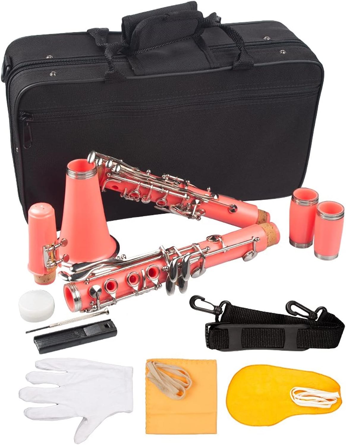 Standard Clarinet Pink ABS Clarinet Bb Cupronickel Plated Nickel 17 Key with Cleaning Cloth Gloves Woodwind Instrument Beginner Clarinet