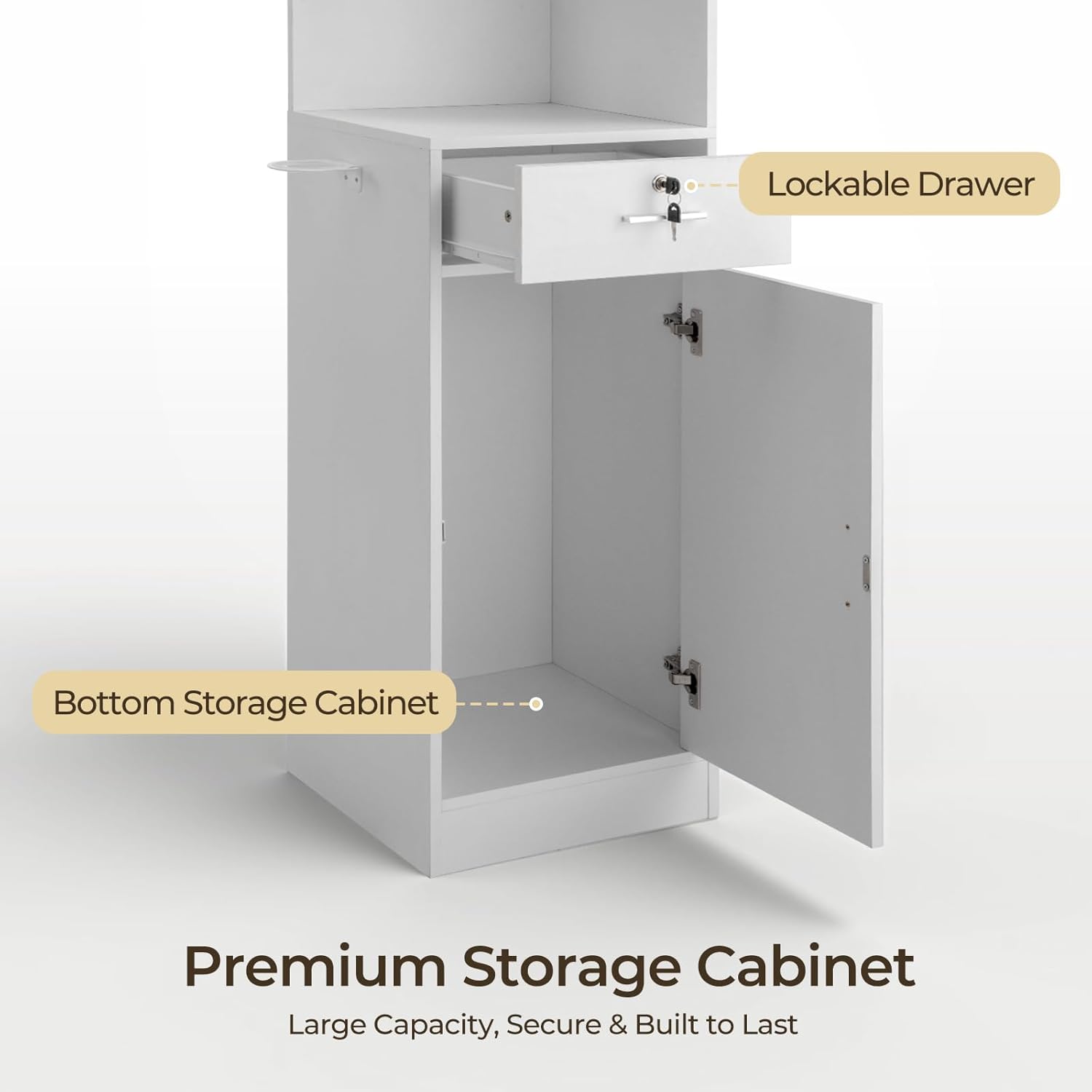 Winado Salon Corner Storage Cabinet, Wall Mount Salon Station with Lockable Drawer, Bottom Cabinet, Open Shelves, Hair Dryer Holder for Home Beauty & Barber Shop Spa Equipement, White