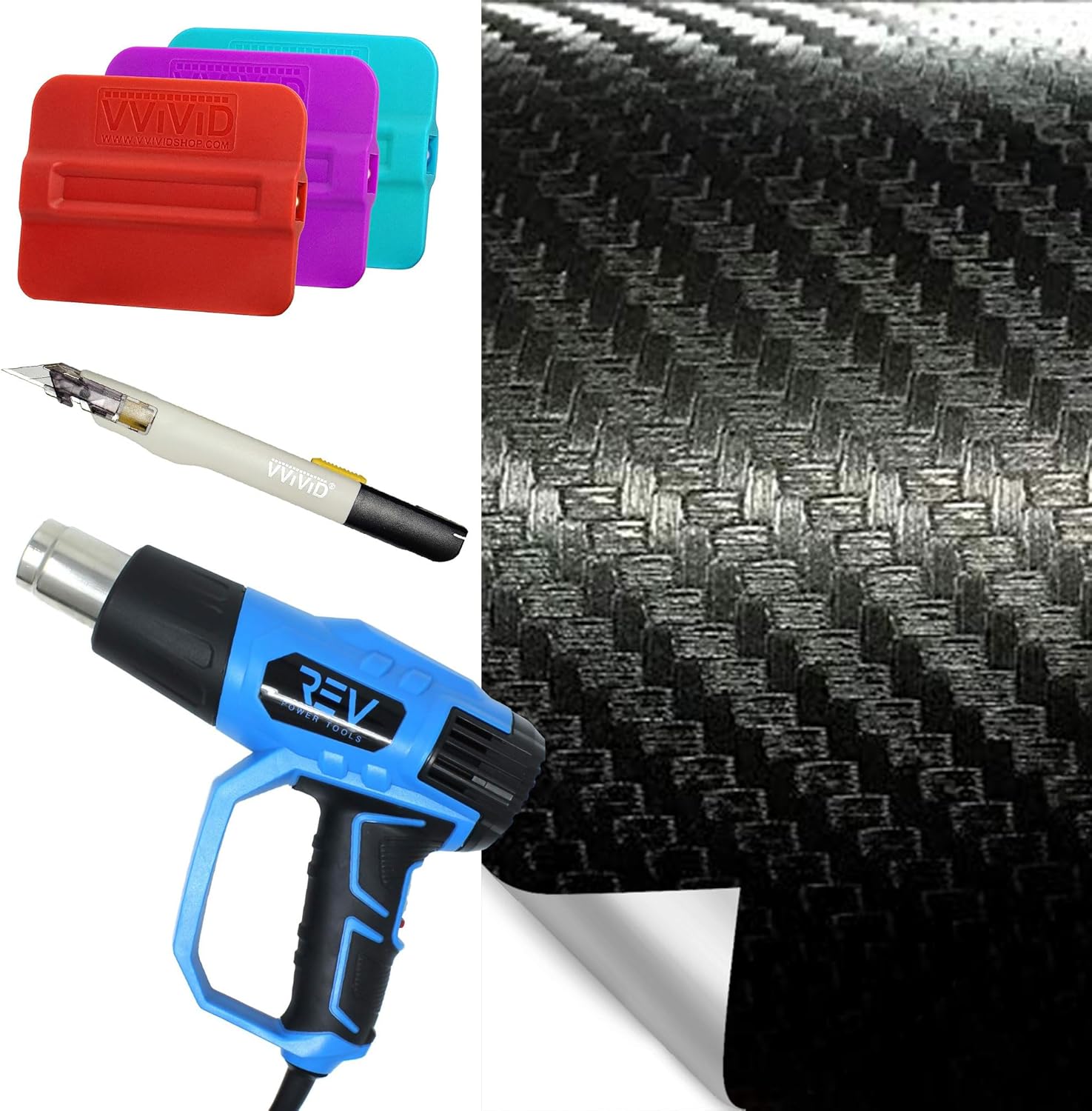 VViViD Black Carbon Black (50ft x 5ft) Full Car Wrap Starter Kit w/ 3 Magnetic Squeegees (Hard, Medium and Soft), Blaze Turbo Heat Gun and Premium Knife - M0