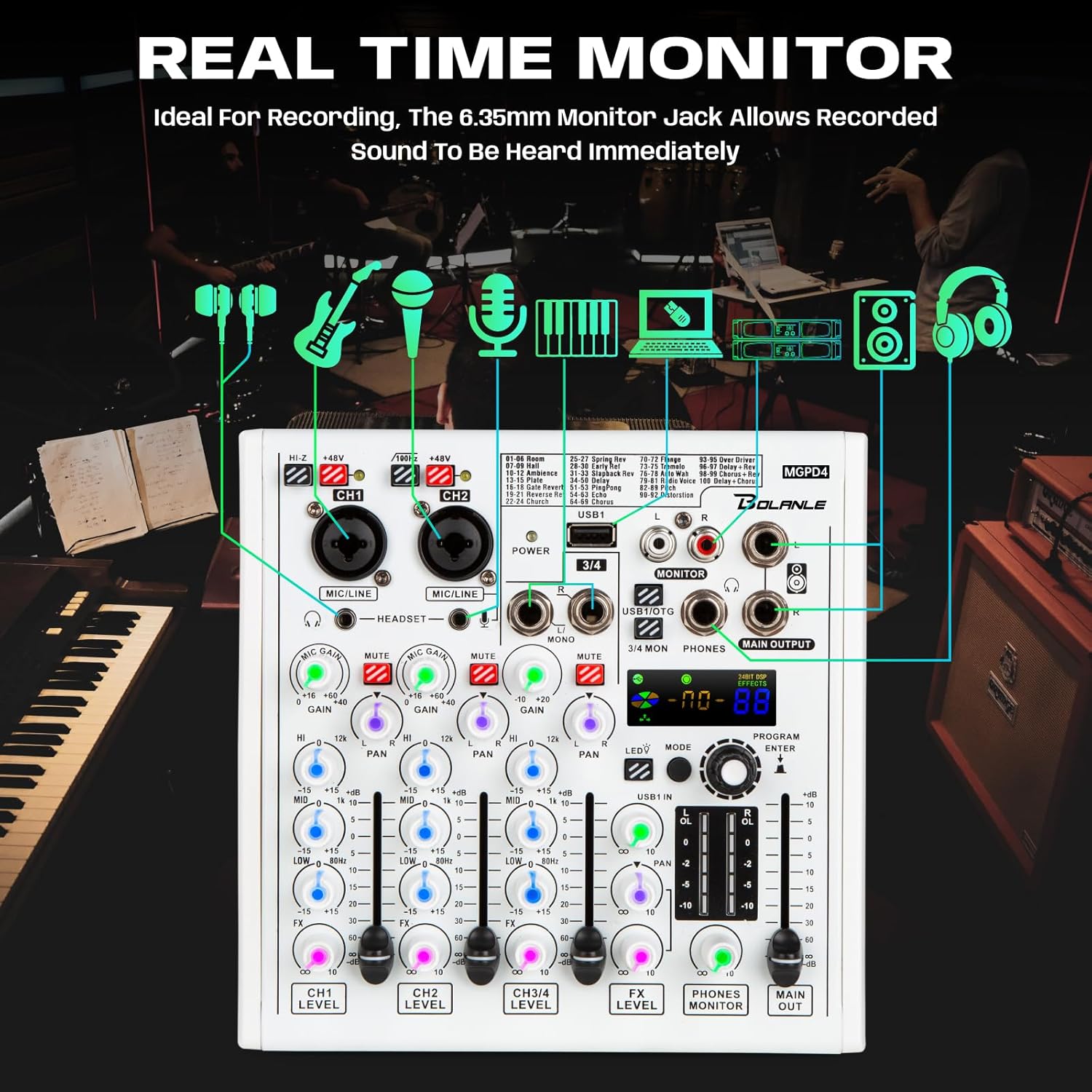 Bolanle 4-channel Mixer Professional Audio Mixer with Built-in Sound Card and Recording Function, USB Audio Interface/Bluetooth, Suitable for Podcasting, Karaoke, Studio