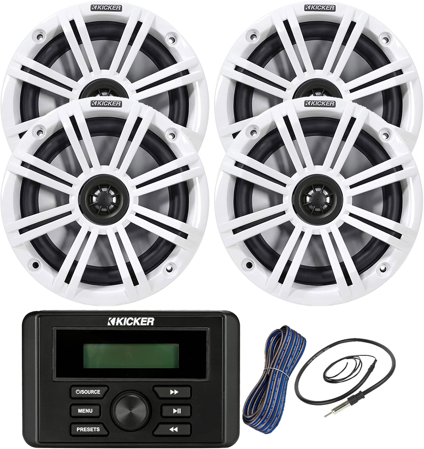 Kicker Weather-Resistant Marine Bluetooth USB RCA Stereo Receiver Bundle Combo with 2 Pair (QTY 4) 6.5