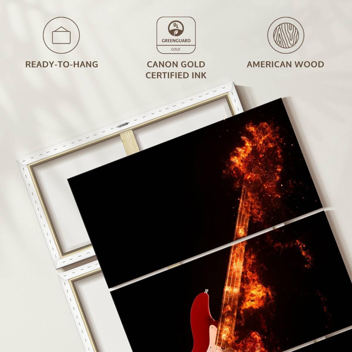 ElephantStock - Flaming Bass Guitar Wall Art - Vertical Multi Panel Canvas - 3 Piece Living Room Wall Decor - Digital Art Music Multi Piece Wall Art - Black And Orange Decor - 48