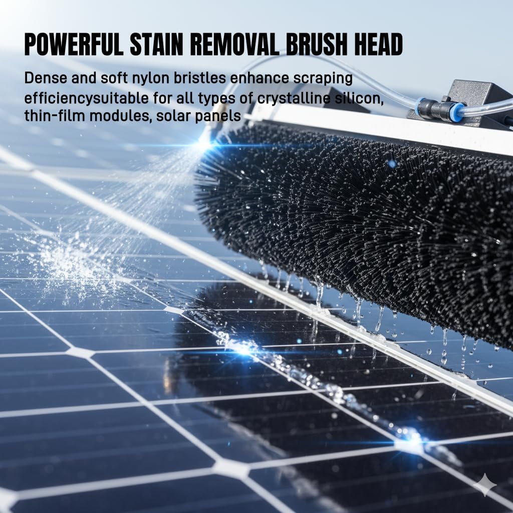 Solar Panel Cleaning Roller Brush, 24.6FT Adjustable Window Cleaning Brush and Pole, Automatic Solar Panel Brush for Cleaning PV Panel Plug