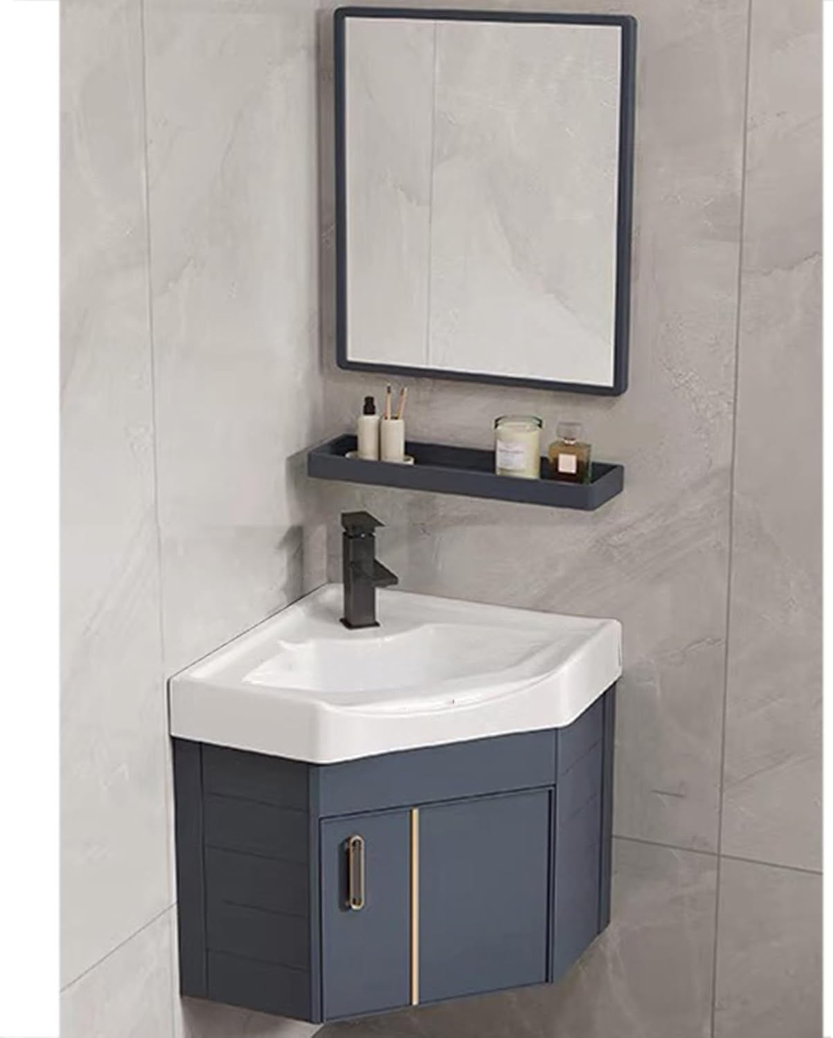 Bathroom Sink Vanity for Small Space, Wall Mount Corner Bathroom Vanity Cabinet with Sink Washing Hand Basin Design with Ceramic Sink & Mirror(Color:Blue,Size:38cm/14.9in)
