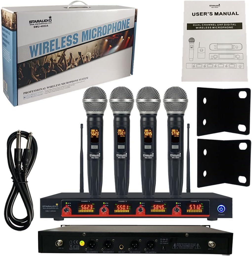 Church UHF Wireless Microphone Reciver System 4 Channel Handheld Karaoke Microphones Audio Studio Church Mic UHF Cordless Dynamic Mic SMU-4002A