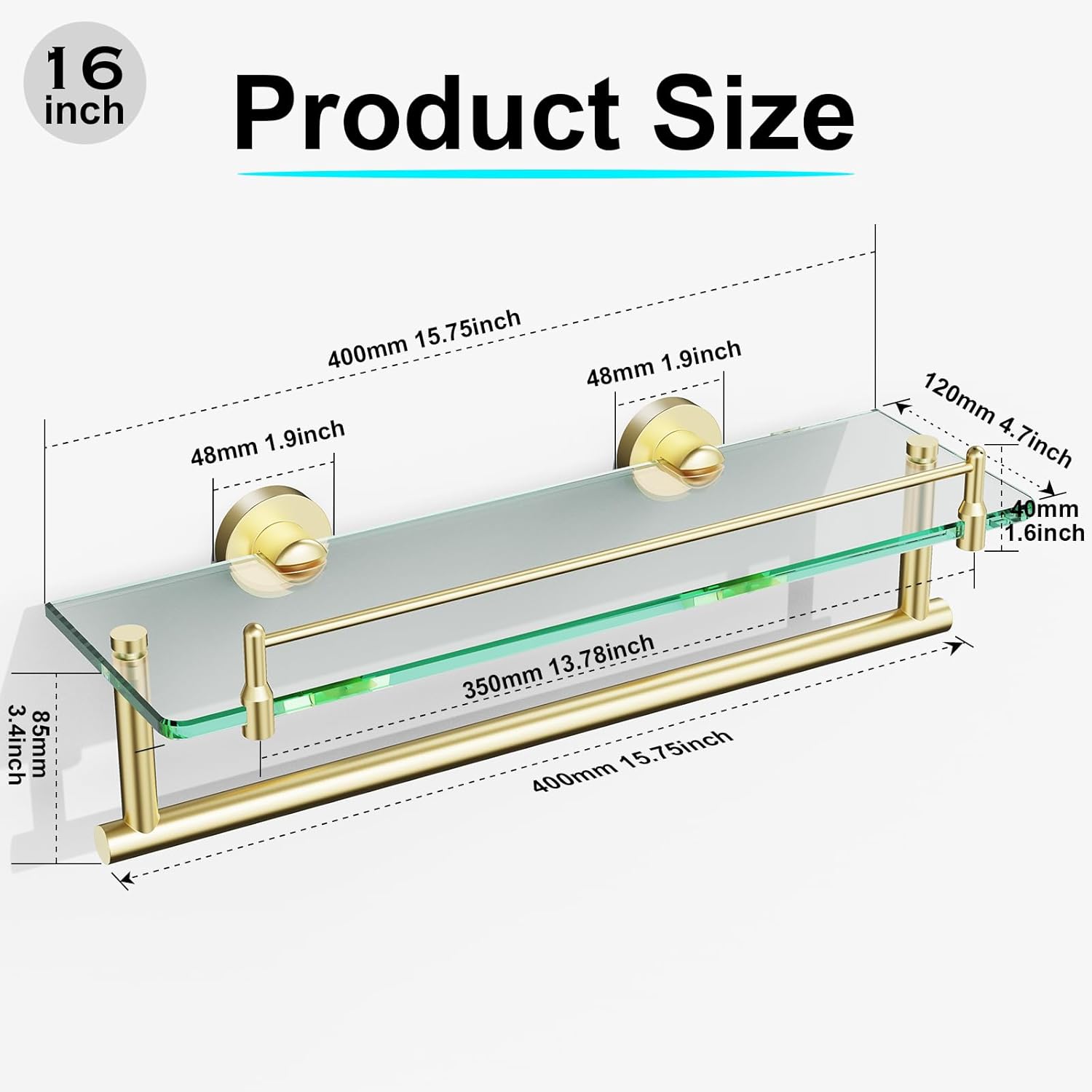 Glass Shelf for Bathroom 2 Pack,16-Inches Floating Glass Shelves Towel Bar/Track(Brushed Gold)