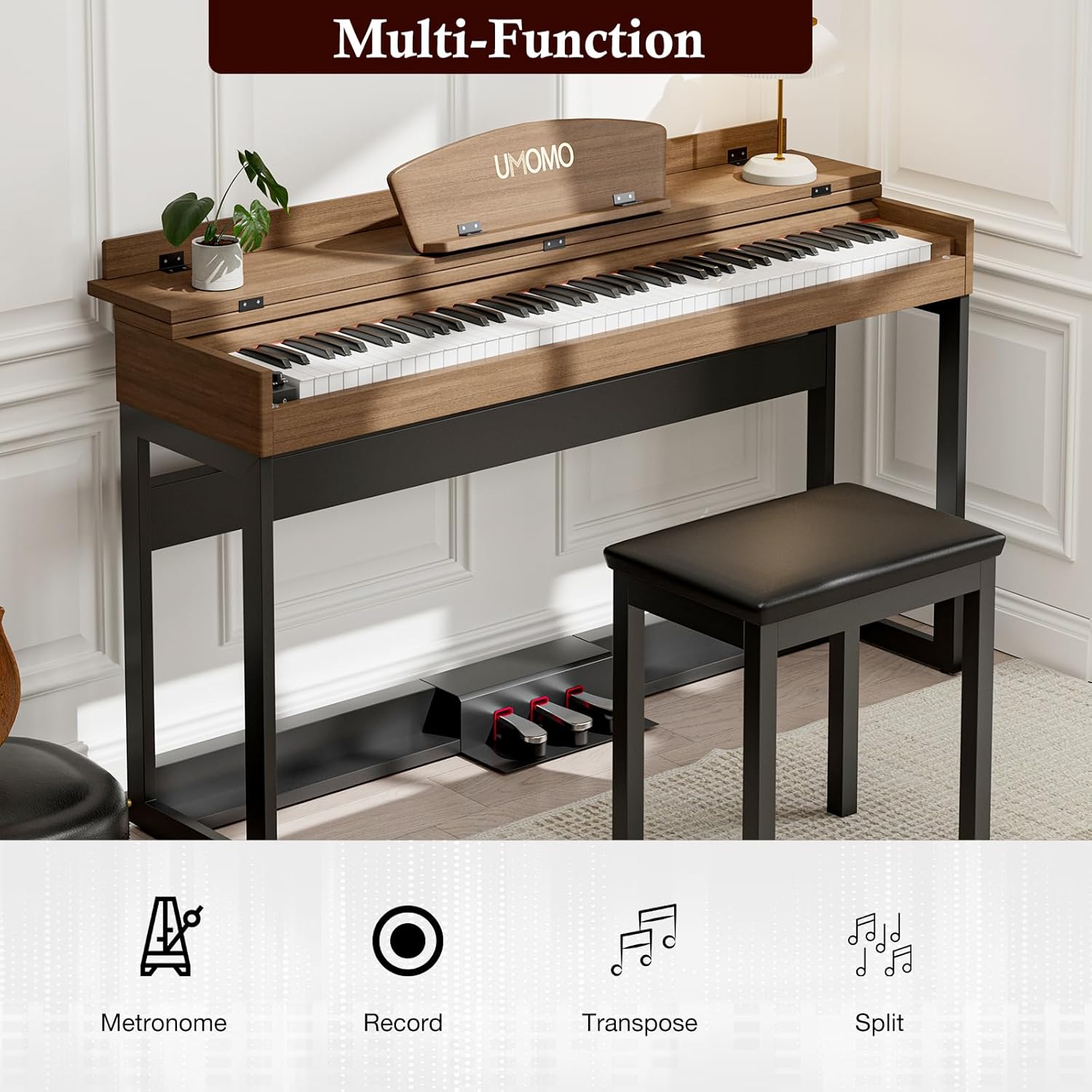 UMOMO 88 Key Digital Piano Keyboard with Piano Metal Stand, Full Size Electric Piano, Headphone Jack, 3 Pedal, Electronic Piano for Beginner, Adults, Walnut