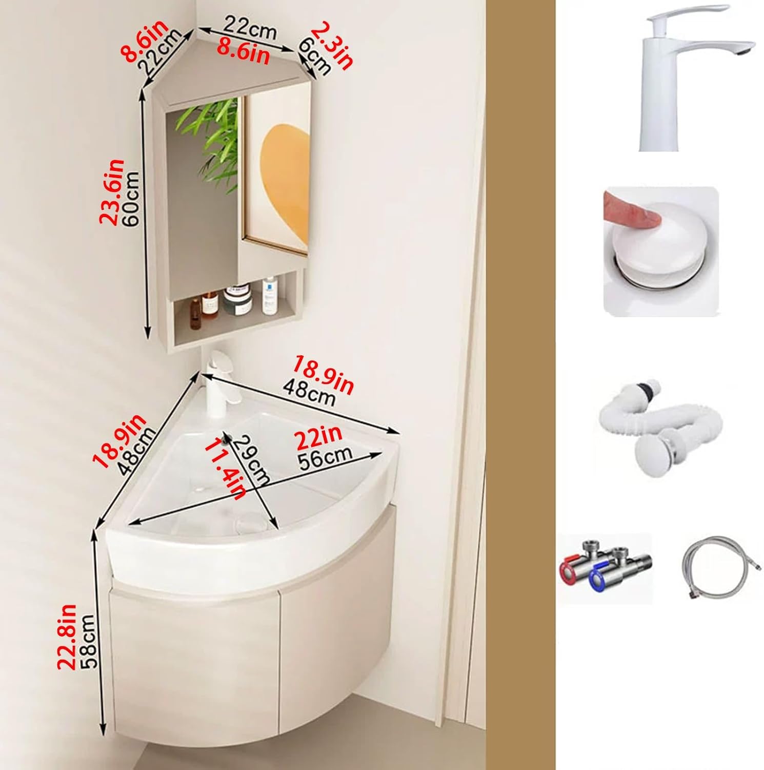 Corner Wall Mount Bathroom Sink, Corner Bathroom Vanity Sink Combo, Bathroom Corner Cabinet with Storage Container and Mirror Cabinet, Ceramic Wash Basin for Small Spaces(48cm/18.9in)