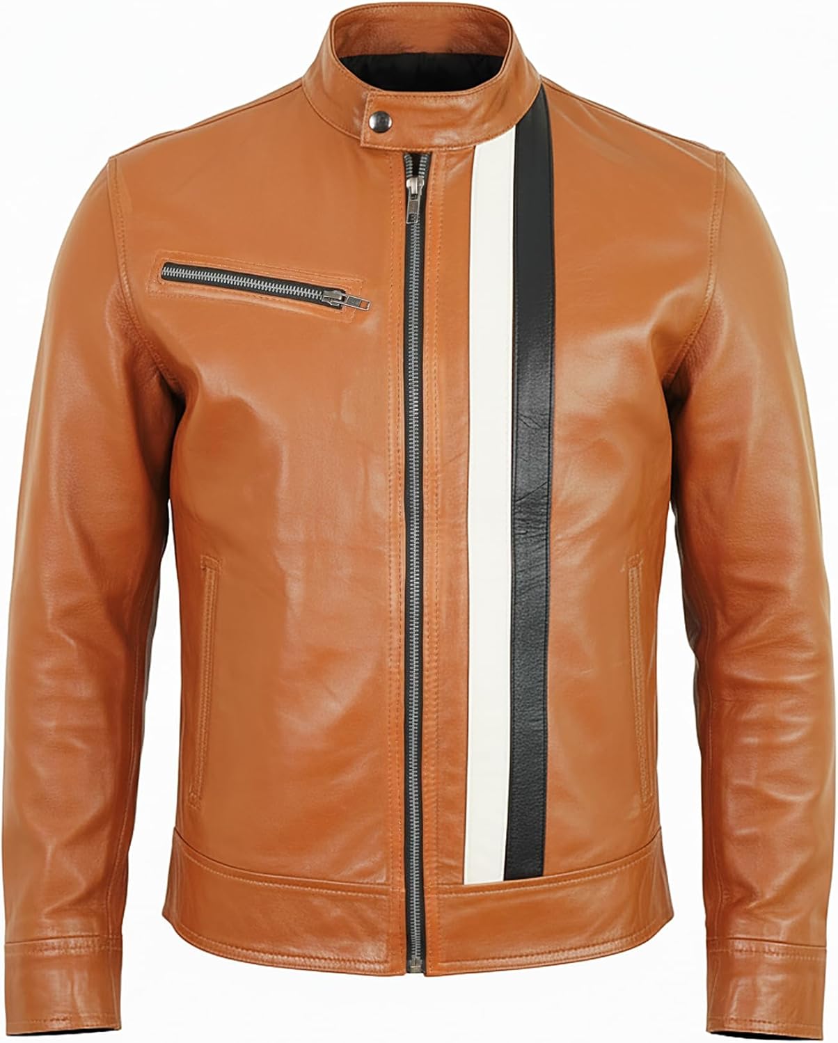 Leather Motorcycle Jacket Men - Cafe Racer Stripe Real Lambskin Racing Biker Jacket Men