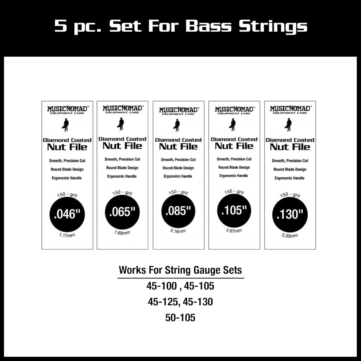 MusicNomad MN673 5 pc. Diamond Coated Bass Nut Slotting File Set, with Storage Case