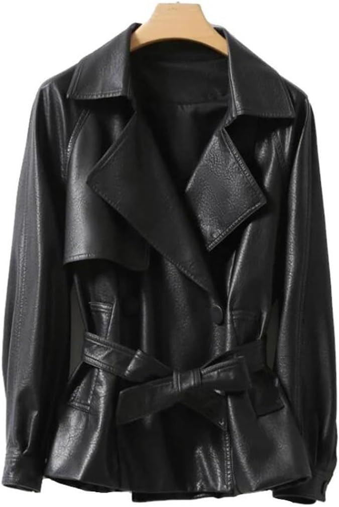 Women's Spring Lapel Pu Leather Bomber Jacket, Long Sleeves, Elastic Hem Leather Jacket