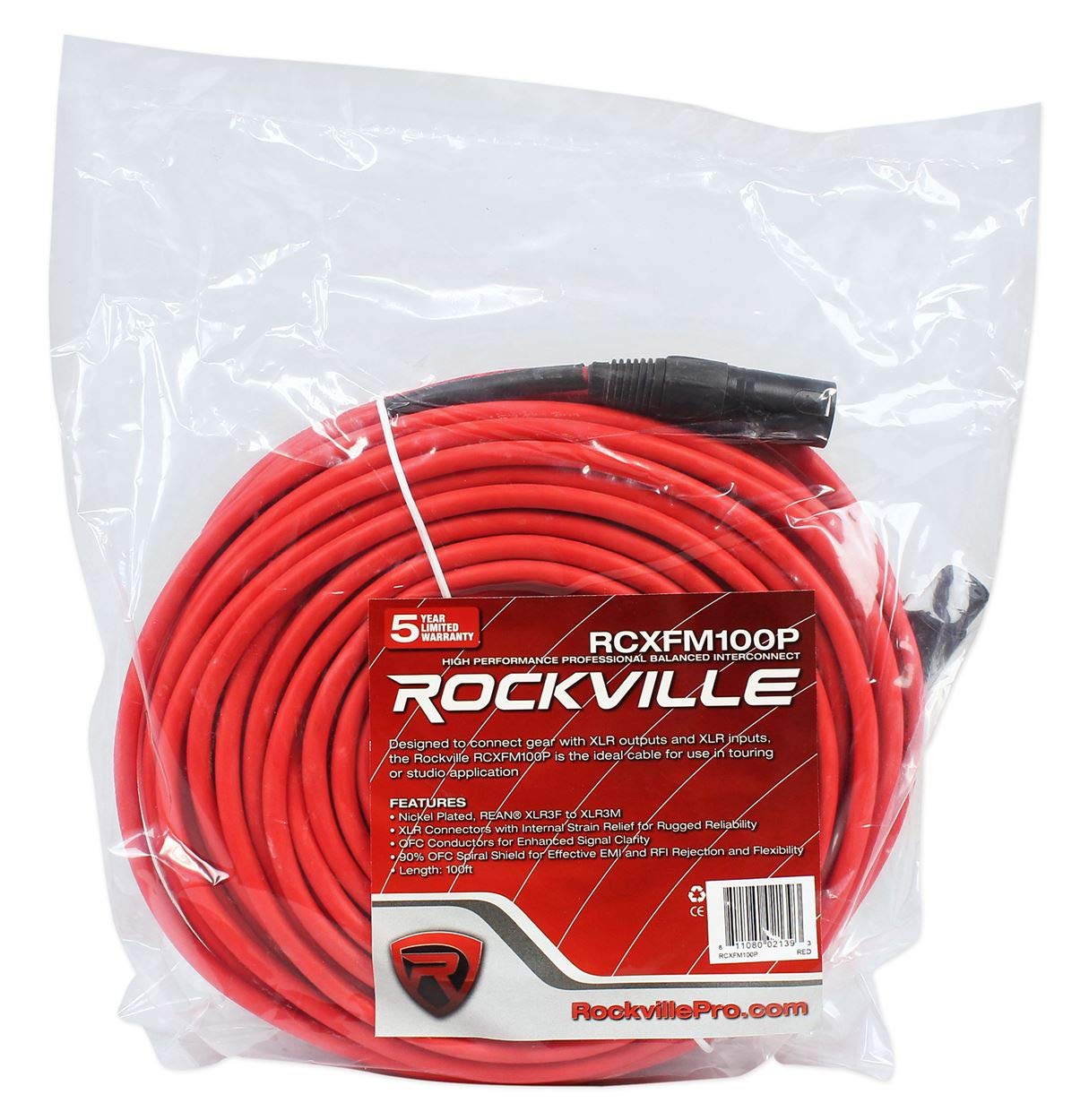 Rockville RCXFM100P-R 100 Ft XLR Female to Male Microphone Cable, Nickel Plated Connectors, Oxygen Free Copper, EMI RFI Shielded, Red Finish, 8-Piece