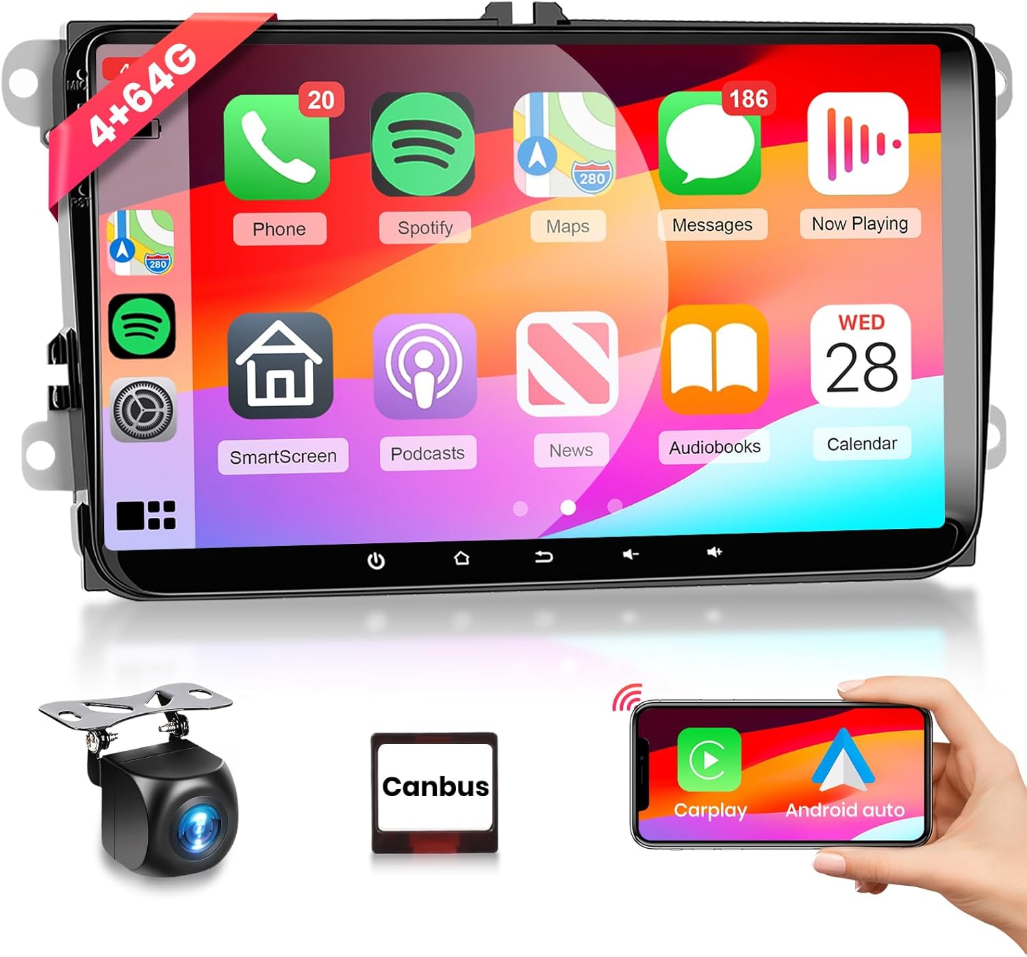 8Core 4G 64G Car Stereo for VW Passat Jetta Golf Touran Radio with Wireless CarPlay Android Auto, 9inch 1080P HD Touchscreen 5.0 Bluetooth Radio with GPS WiFi FM/RDS EQ OBD2 AHD Backup Camera 36/40Pin