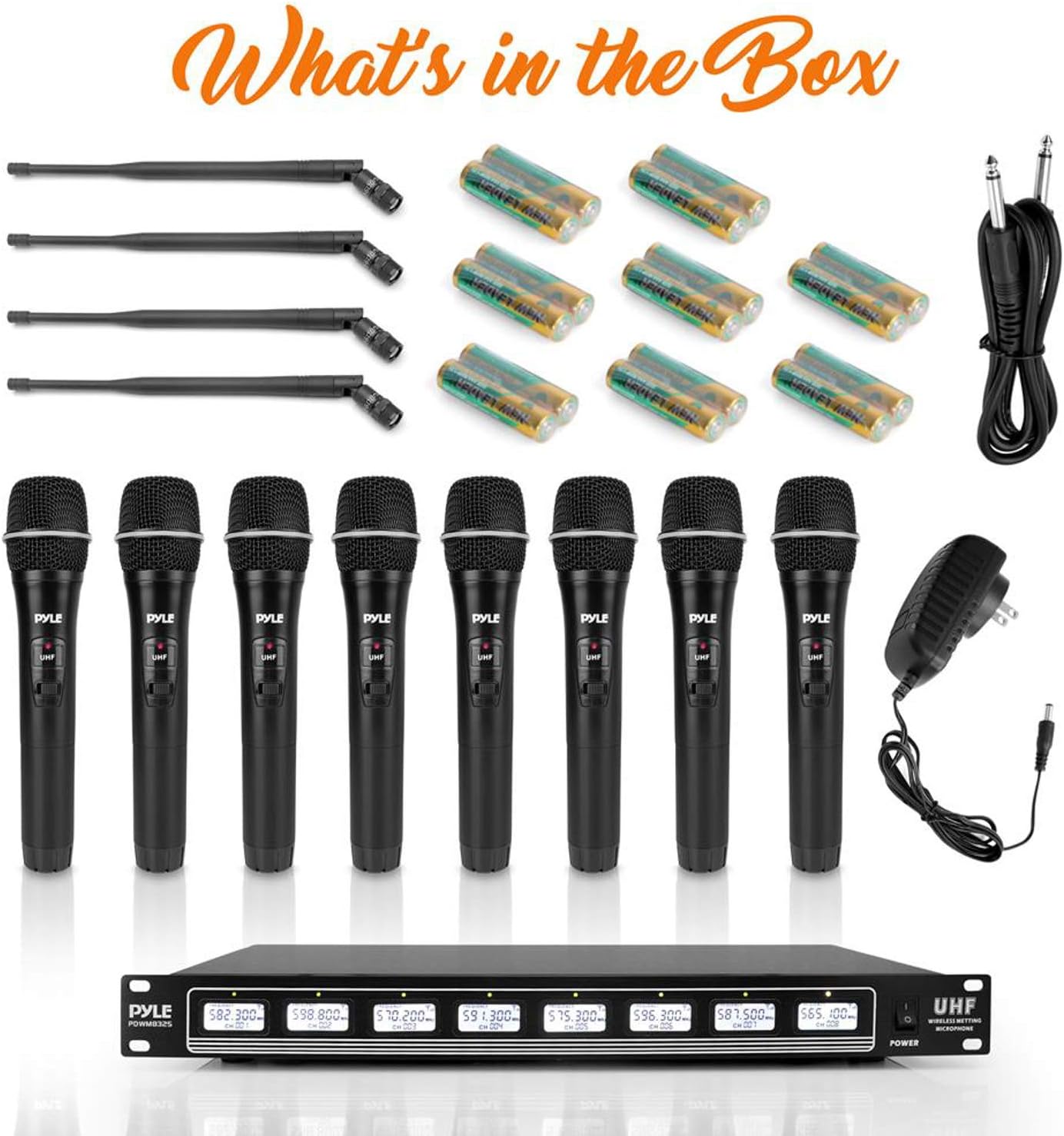 Pyle PDWM8325 8 Channel UHF Wireless Microphone & Rack Mountable Receiver Audio Sound System, Black