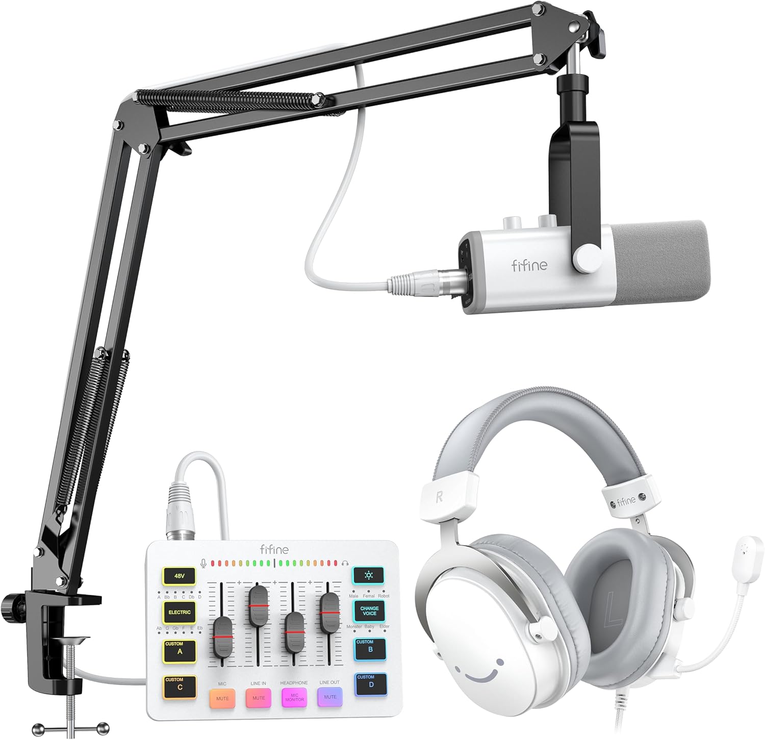 FIFINE Gaming All-in-one Bundle, Dynamic Microphone with Boom Arm, Audio Mixer with 48V Phantom Power, 7.1 Surround Sound Wired Headset and 9.8ft XLR Cable for Podcast/Recording-(AM8TW+SC3W+H9W+L9W)
