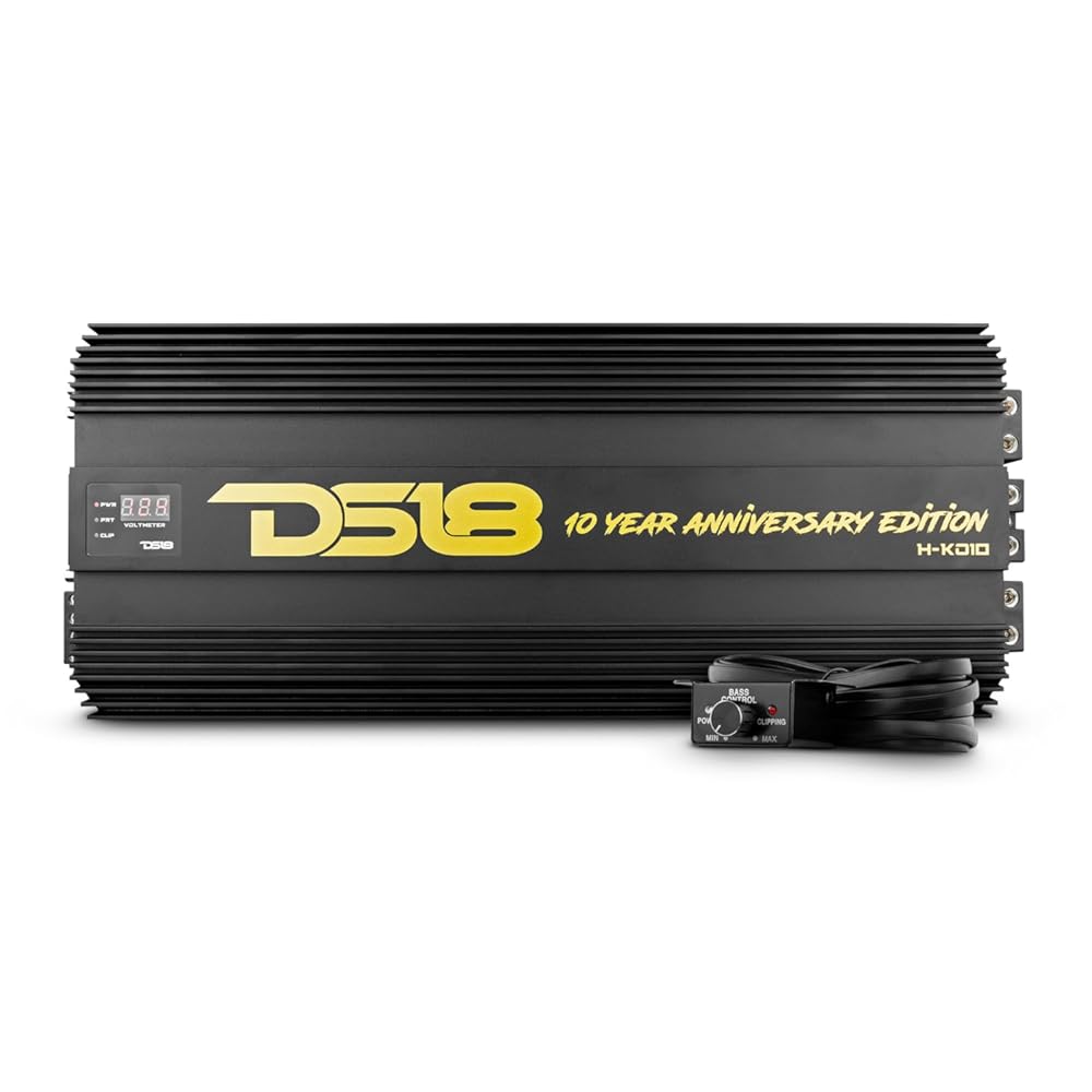 DS18 H-KO10 Korean Half Bridge 1-Channel Monoblock Car Audio Amplifier with Voltmeter and Clip Indicator, 10000 Watts Rms - Remote BASS Knob Included, SPL Amplifier (Gold)