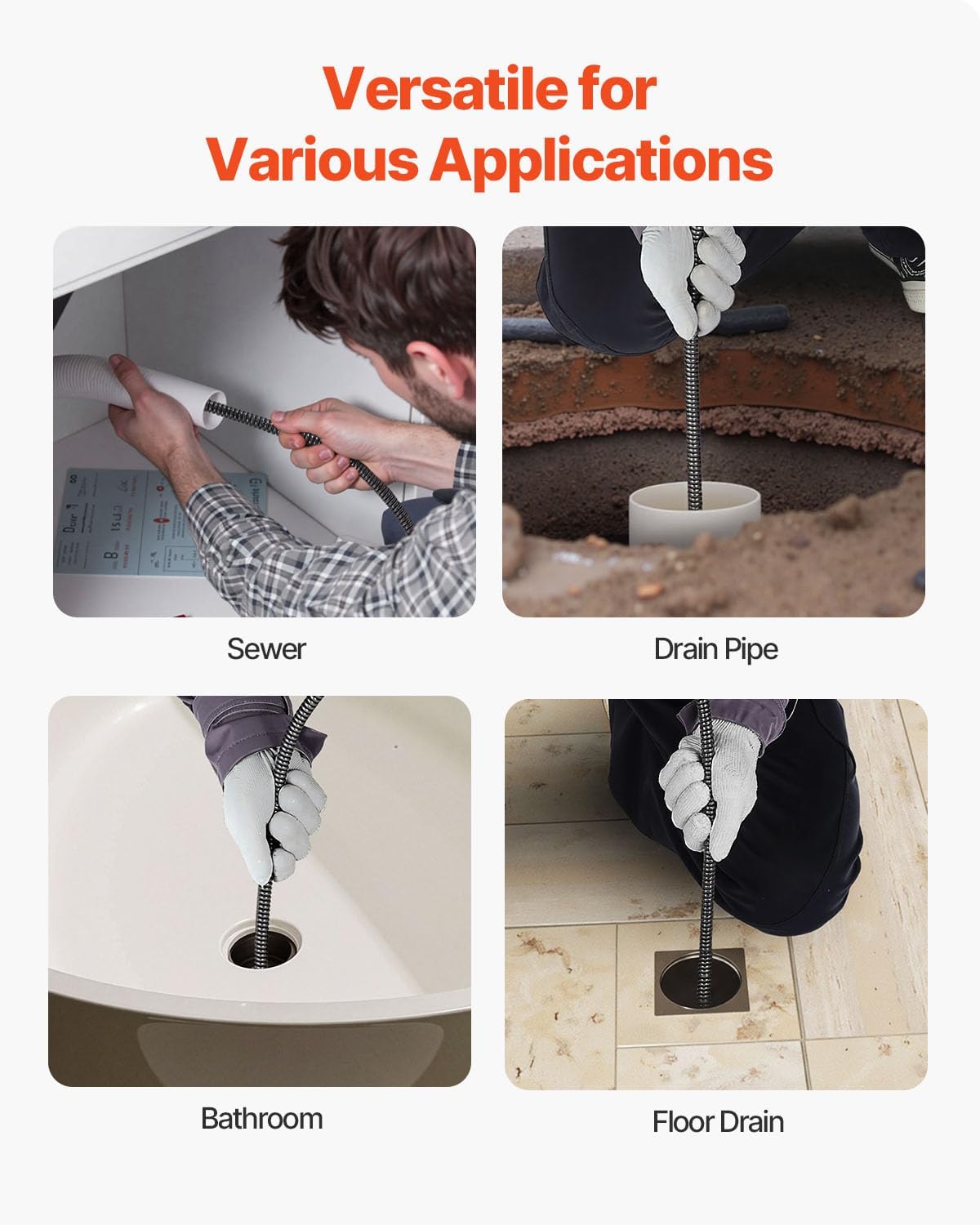 VEVOR Drain Cleaning Machine 50 FT x 1/2 Inch, Sewer Auger Auto Feed with 4 Cutter & Air-activated Foot Switch for 2