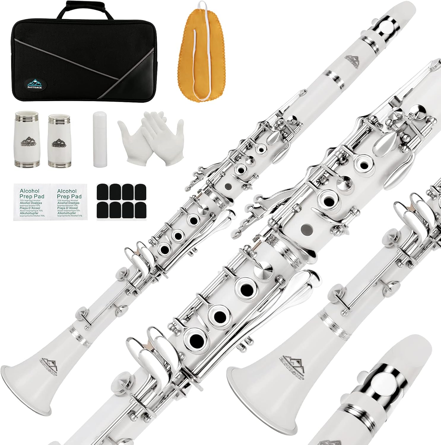 EASTROCK Bb Flat 17 Nickel Keys White Beginner Student Clarinet with 2 Barrels and Cleaning Kit