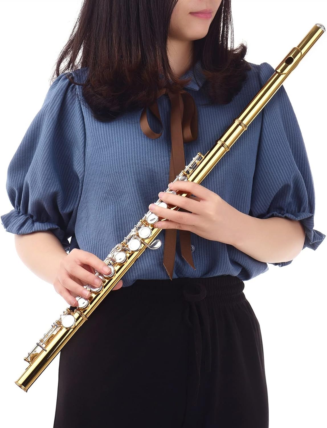 Flute Musical Instrument Professional Closed Hole C Flute Cupronickel Gold Plated Pipe 16 Silver Plated Key Wind Instrument with Carrying Case Starter Flute