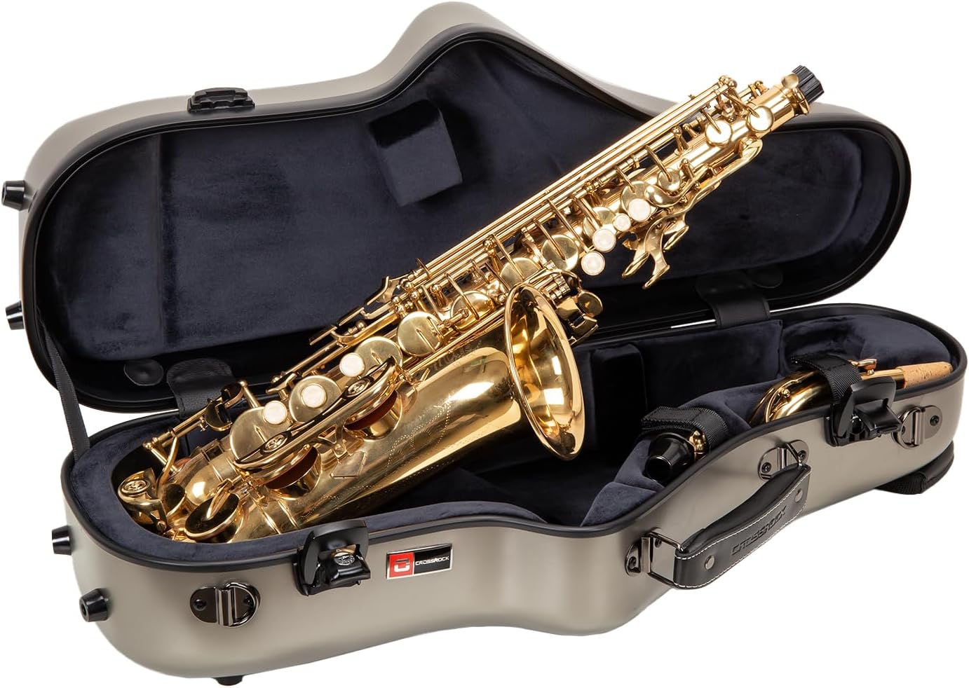 Crossrock Polycarbonate Alto Saxophone Case | TSA Lock, Backpack Straps, Scratch-Resistant Shell, Neck & Mouthpiece Storage – Champagne Silver (CRF4050ASCS)