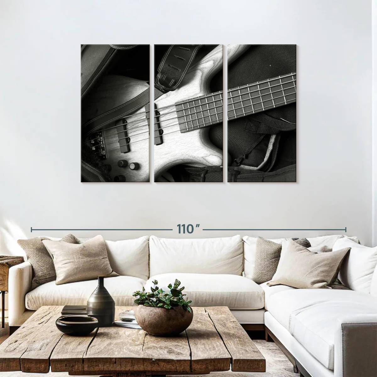 ElephantStock - Monochromatic Bass Guitar Wall Art - Horizontal Multi Panel Canvas - 3 Piece Living Room Wall Decor - Photography Music Multi Piece Wall Art - Black And Gray Decor - 74