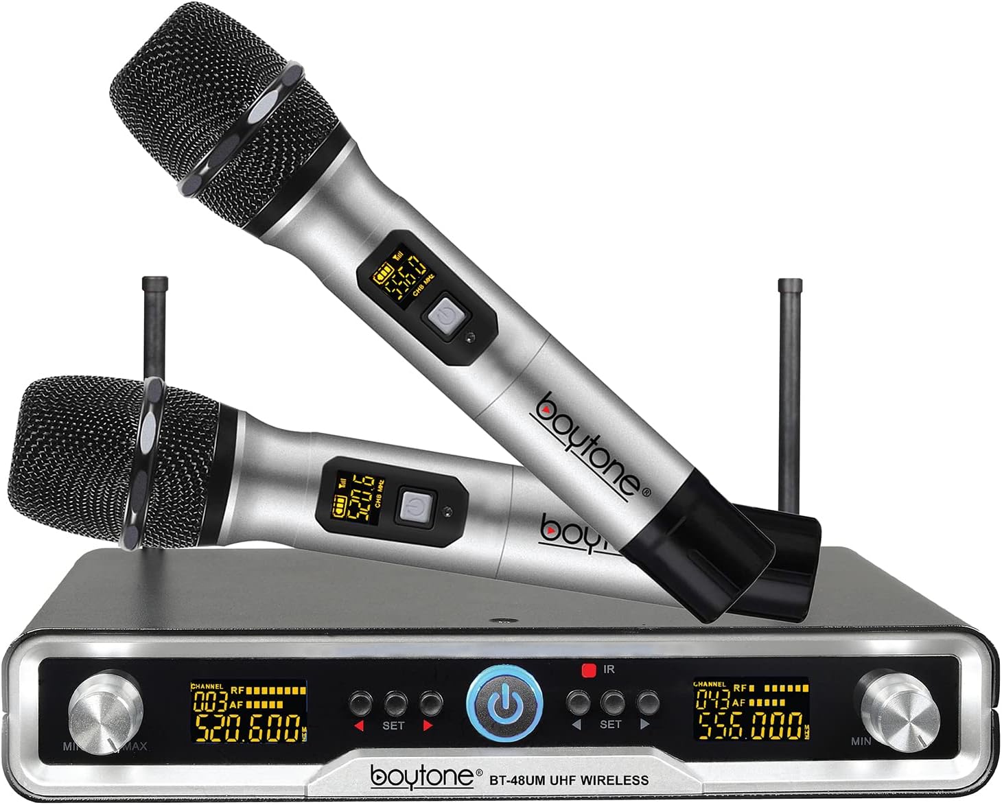Boytone BT-48UM 100 Channels Wireless Microphone Dual Metal Professional UHF Cordless Dynamic Mic Handheld Microphone System, for DJ, Meeting, Party, Church, Aluminum Carrying Cases, Metal Base