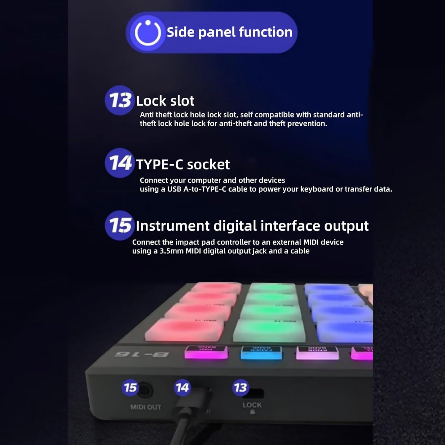MIDI Strike Pad Controller Beat Maker with Lock Slot & 16 RGB Illuminated Beat Pads Force Sensing Assignable Control